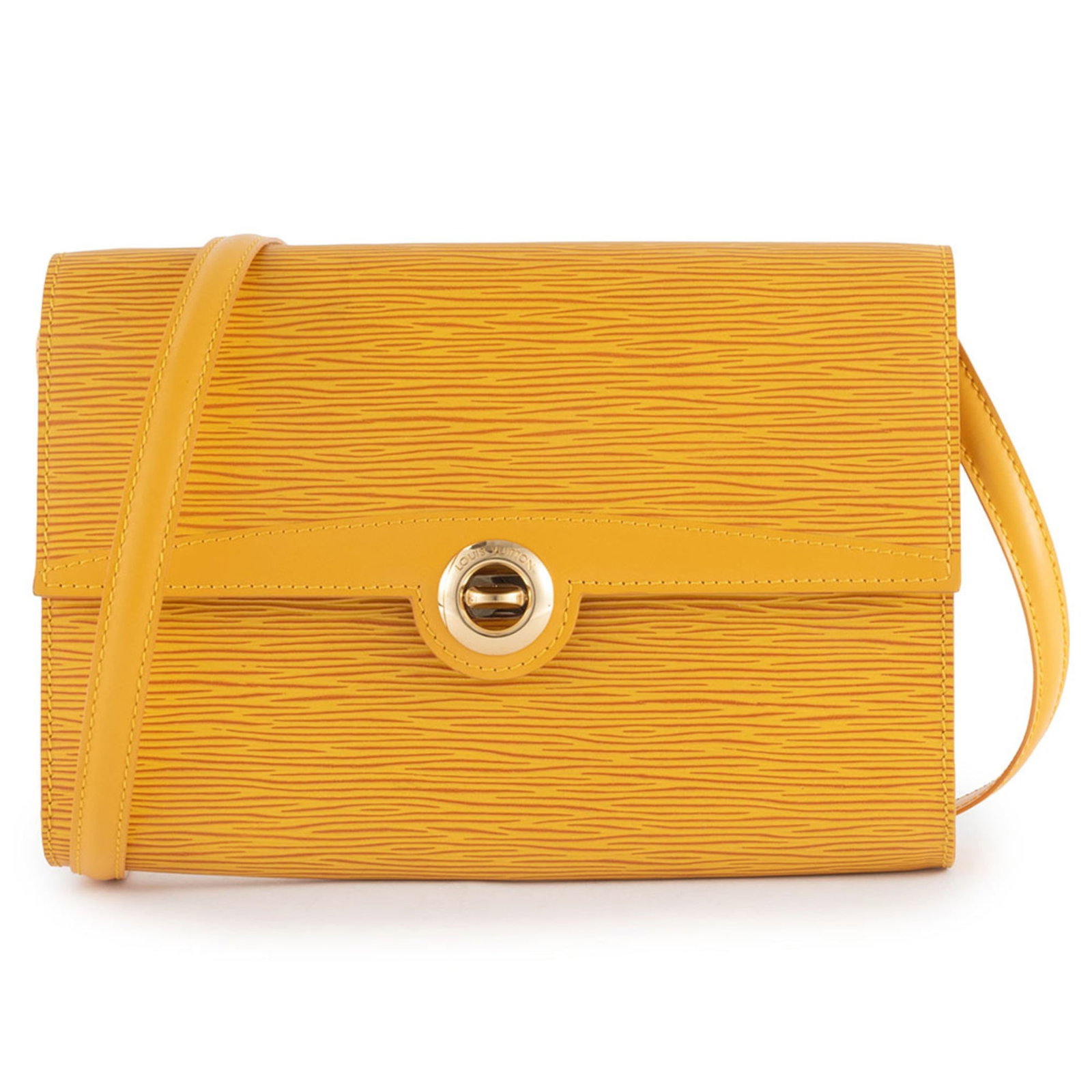 Louis Vuitton Pochette Shoulder Bag Epi Leather: Louis Vuitton Pochette Shoulder Bag Epi Leather Yellow Epi Leather Louis Vuitton Pochette Shoulder Bag with visible signs of usage and minor damages. This pre-owned shoulder bag features iconic Epi le