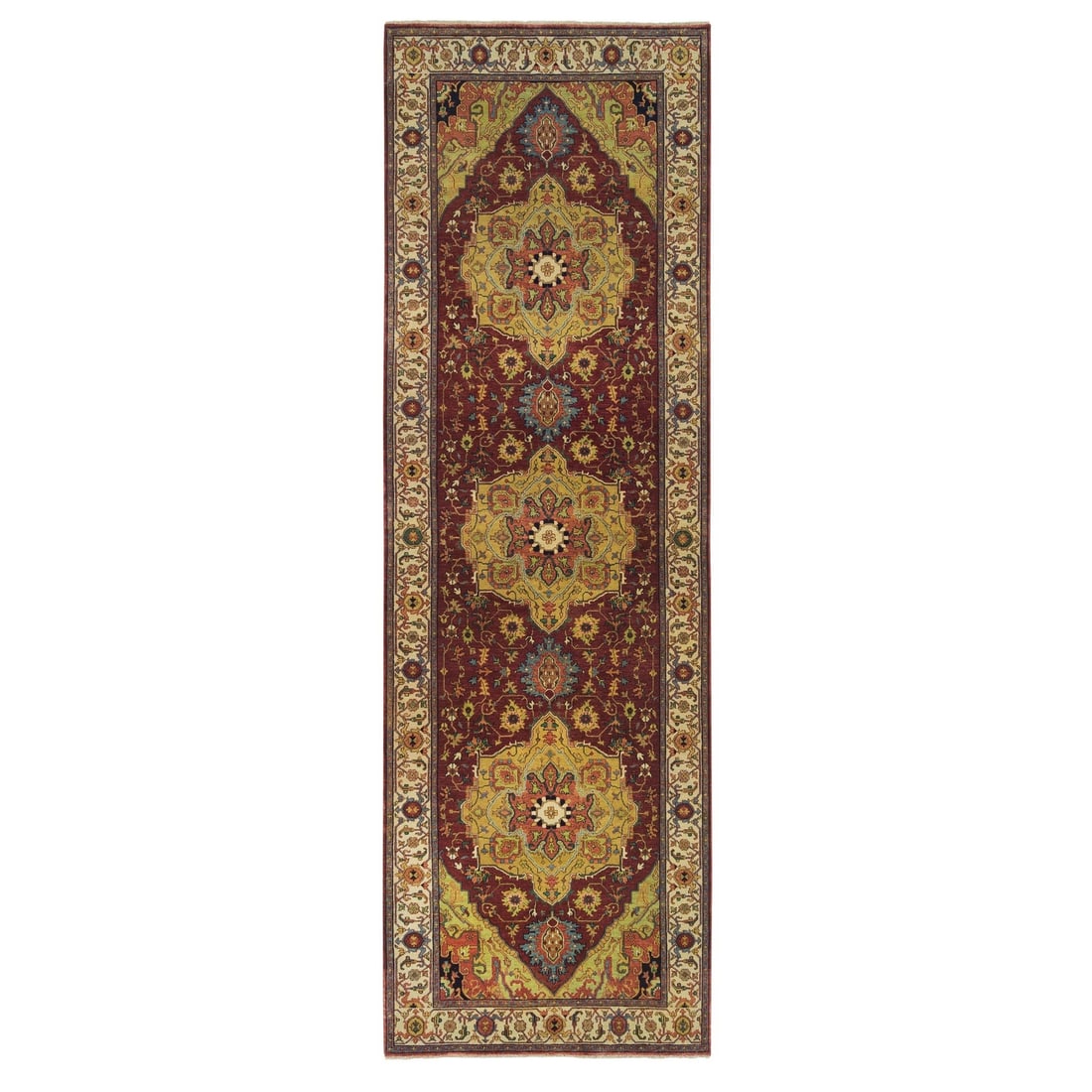 Hand knotted wool red wide heris re creation pure runner rug: Hand knotted wool red wide heris re creation pure runner rug Hand-knotted in wool, this vibrant red Heris rug boasts an intricate Oriental regional design, showcasing a rich blend of colors including 