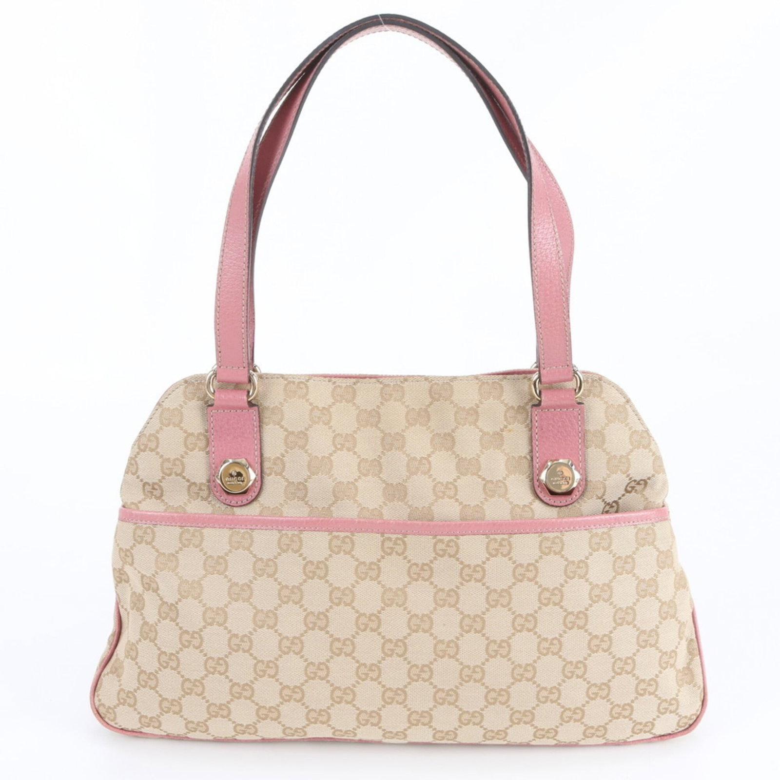 Gucci Handbag Leather: Gucci Handbag Leather Used Gucci Handbag Leather in Beige and Pink. This classic handbag boasts high-quality leather with some subtle signs of usage, including minor scratches and dirt marks. Despite 