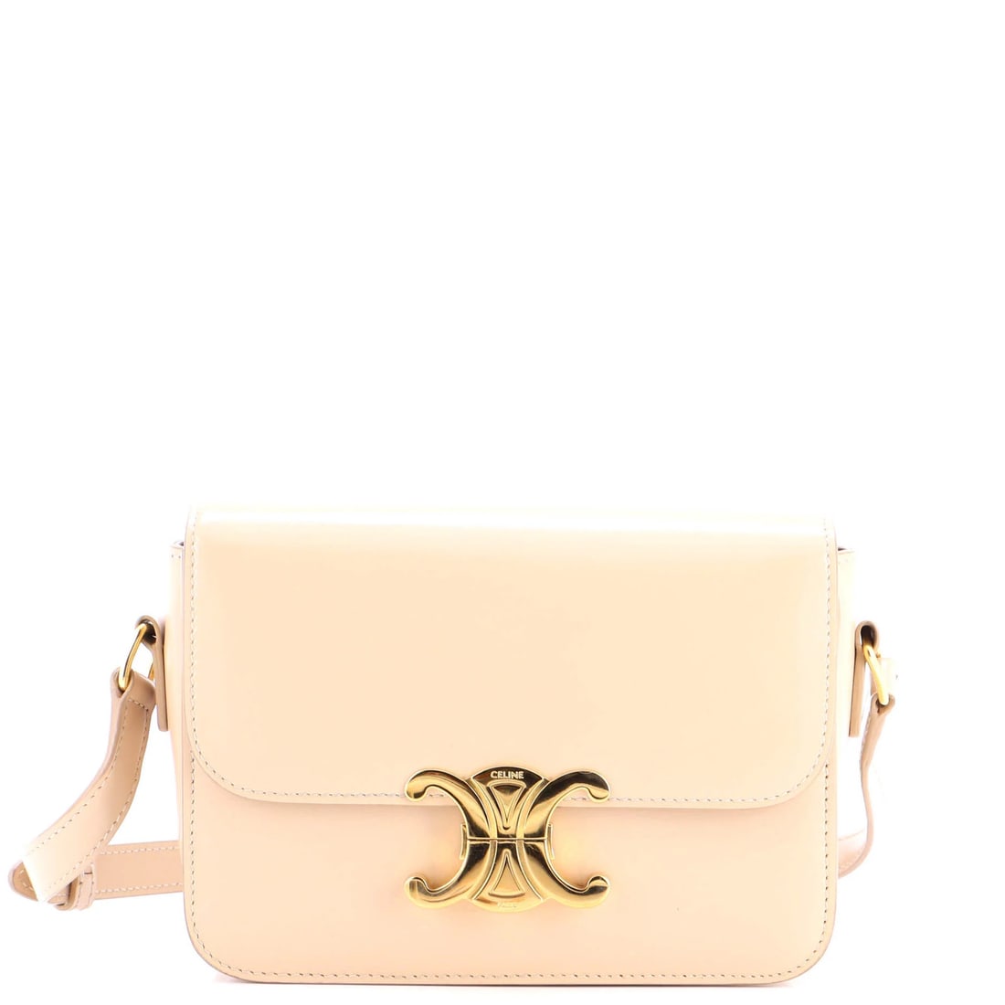 Smooth calfskin teen shoulder bag triomphe Celine: Smooth calfskin teen shoulder bag triomphe Celine Smooth calfskin exterior, neutral color, and gold hardware define this Celine Triomphe Shoulder Bag. Measuring 5.5" tall, 8" wide, and 3" deep, the ba