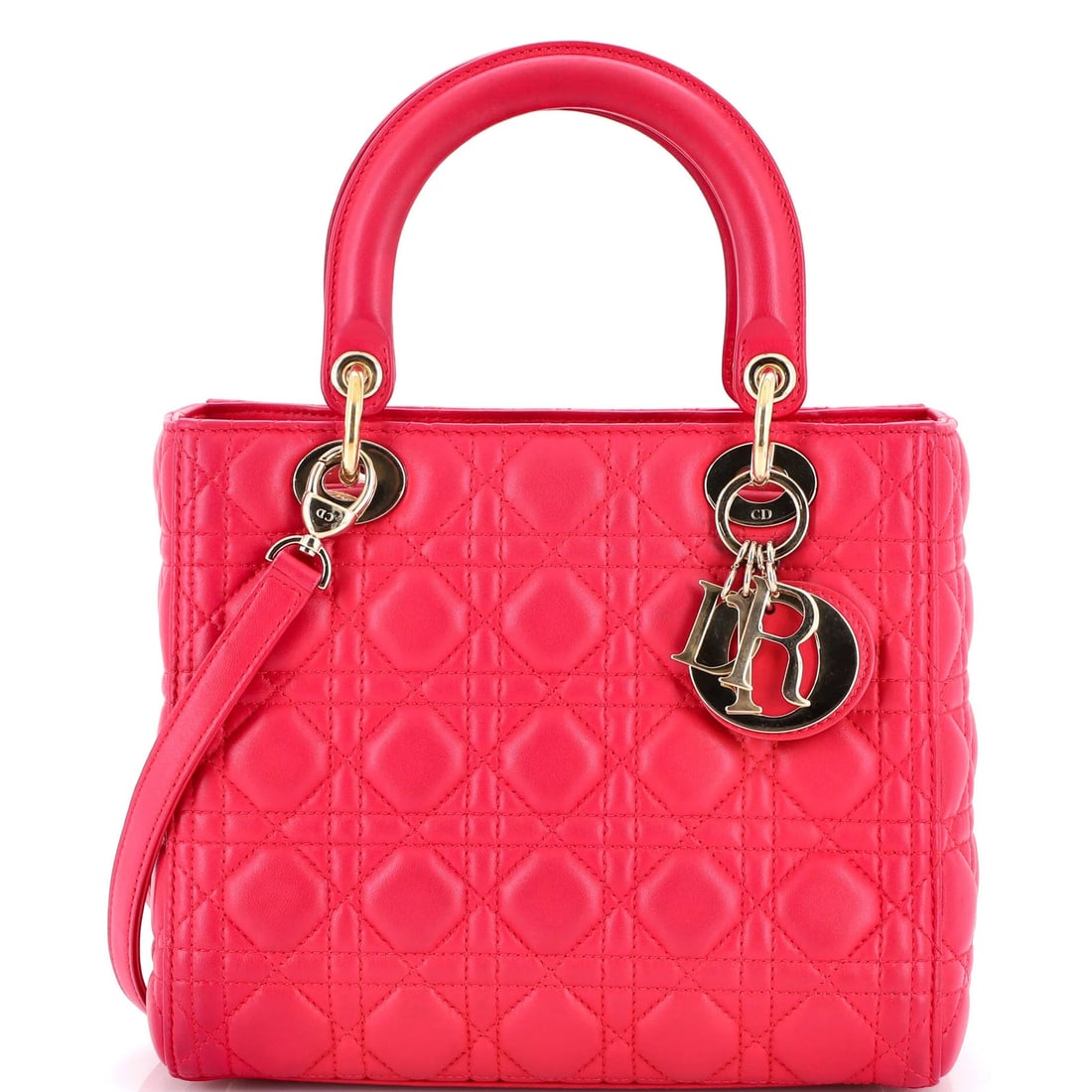 Lady Dior Bag Quilt Cannage Lambskin Medium Christian Dior: Lady Dior Bag Quilt Cannage Lambskin Medium Christian Dior The Lady Dior Bag Quilt Cannage Lambskin Medium features a striking pink exterior with quilted design and top handle. Measuring 8" in height,