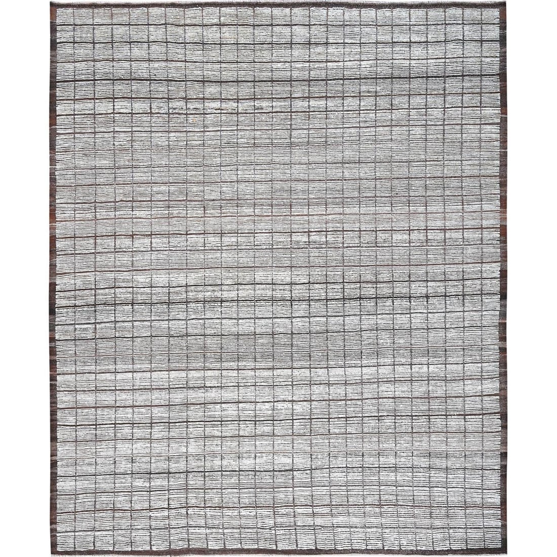 Moroccan Weave Rug White 15' X 12'6" With Box Design Hand Knotted Wool XL: Moroccan Weave Rug White 15' X 12'6" With Box Design Hand Knotted Wool XL This stunning Moroccan Weave Rug boasts an elegant box design and intricate hand-knotted wool weave in ivory and chocolate bro