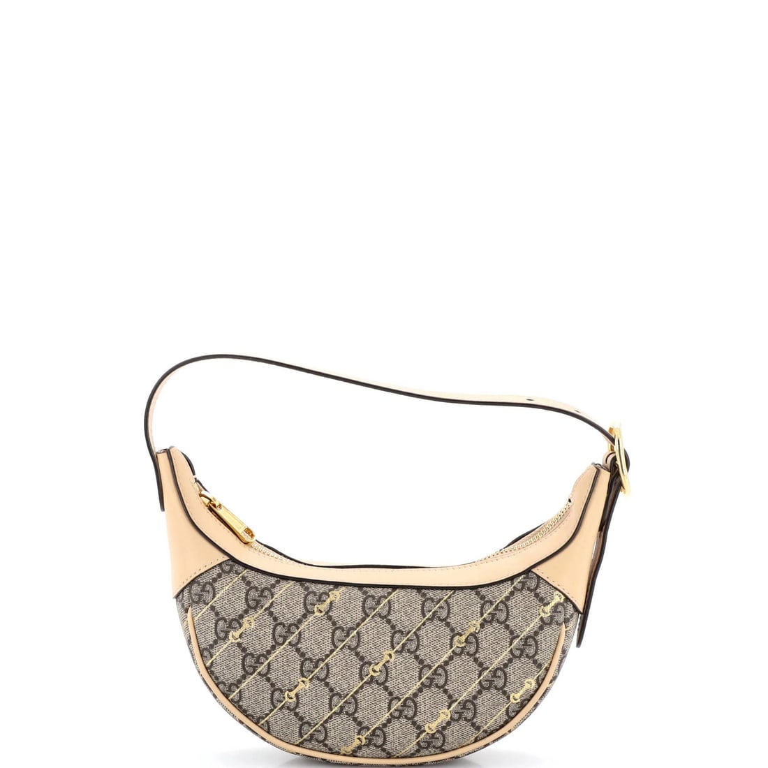 Gucci Half Moon Bag Print Coated Canvas Mini GG: Gucci Half Moon Bag Print Coated Canvas Mini GG The Gucci Half Moon Bag Print Coated Canvas Mini GG boasts a striking neutral exterior with a unique half moon bag print. Measuring just 4" x 7" x 1.5",