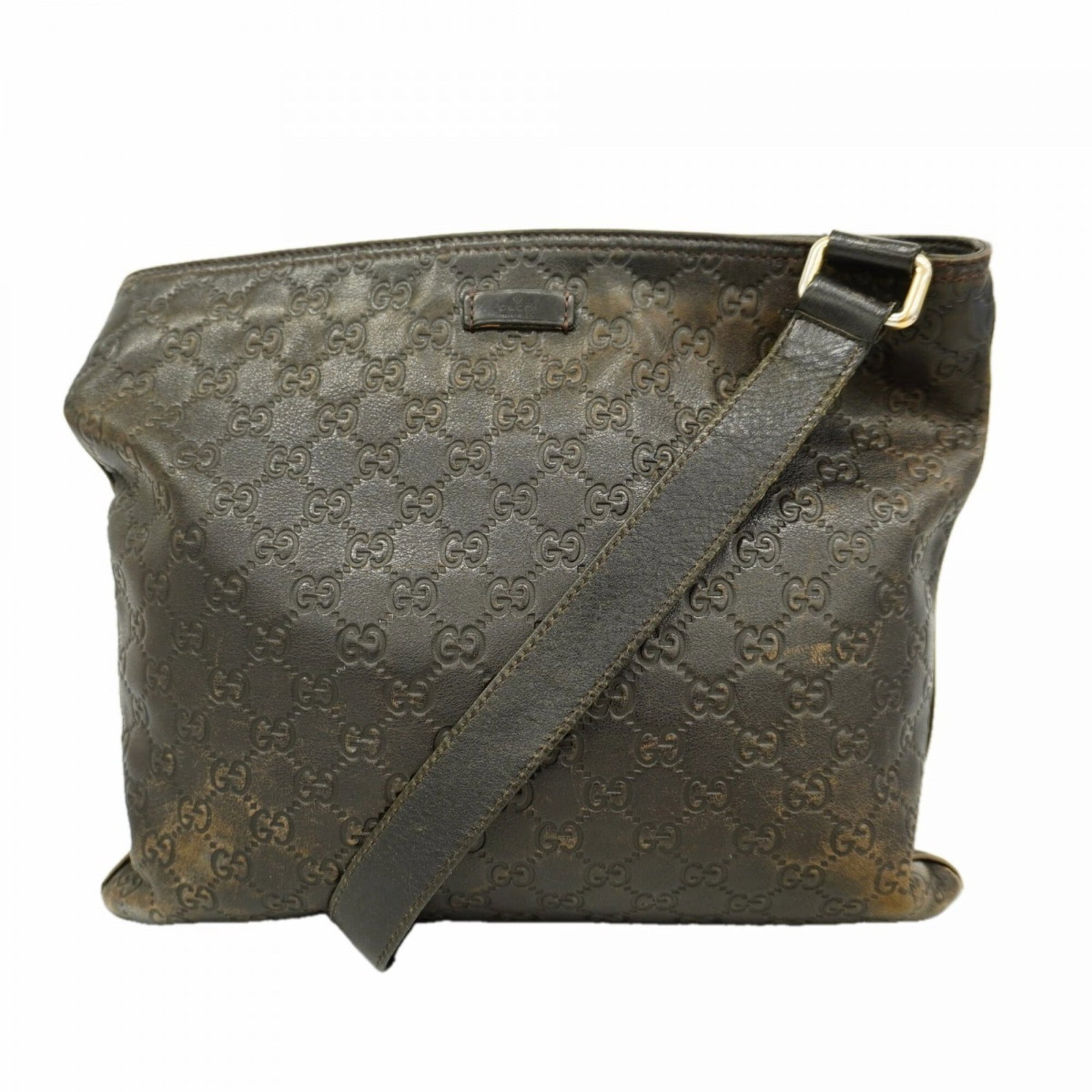 Gucci Shoulder Bag Leather: Gucci Shoulder Bag Leather Dark Brown Gucci Shoulder Bag with Champagne Gold Hardware. This used leather shoulder bag features scratches and dirt, showing signs of previous use, but remains in good