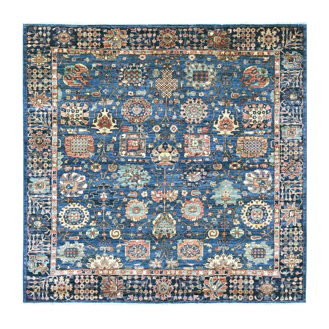 Blue wool hand knotted square design all over 8 x 8 zoroastrian: Blue wool hand knotted square design all over 8 x 8 zoroastrian Blue wool hand-knotted square design all over Zoroastrian rug with intricate weave and vibrant blue field. This stunning 8x8 inch piece 