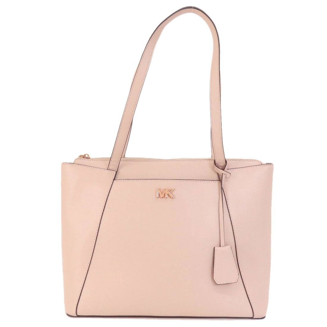 Logo Michael Kors Leather Tote Bag: Logo Michael Kors Leather Tote Bag Pink leather tote bag from Michael Kors featuring a classic design. The bag's exterior material and color are showcased in this authentic leather tote, a stylish