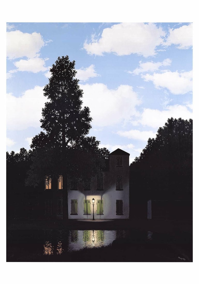 Surrealism Poster Magritte Rene 39.25" x 27.5" Black L'Empire 2019: Surrealism Poster Magritte Rene 39.25" x 27.5" Black L'Empire 2019 Surrealist masterpiece L'Empire des Lumieres by Rene Magritte measures 39.25 x 27.5 inches, showcasing the artist's unique blend of m