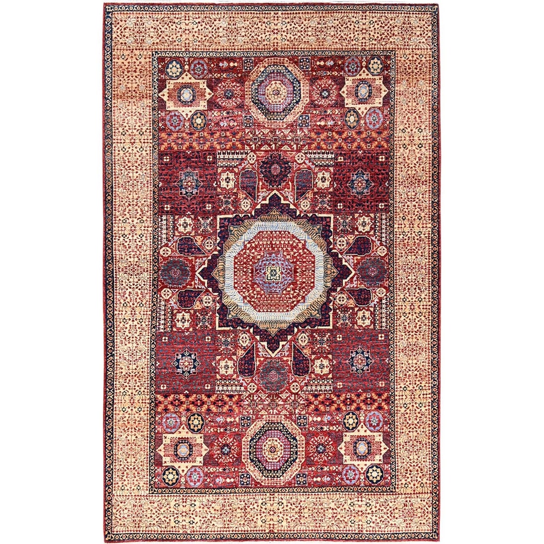 Hand knotted rug vermillion red mamluk design: Hand knotted rug vermillion red mamluk design The vermillion red Mamluk design rug boasts an intricate hand-knotted wool pattern in a vibrant red field, complemented by brown and light blue accents. T