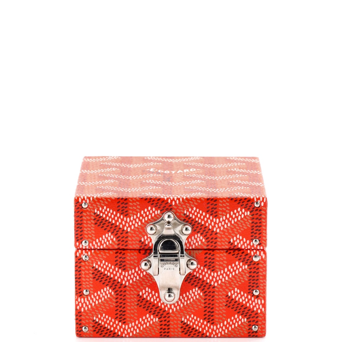Coated canvas mini trunk by Goyard Regence: Coated canvas mini trunk by Goyard Regence The Goyard Regence mini trunk boasts a vibrant orange exterior with coated canvas material, adding a pop of color to any space. Measuring just 3" in height, 