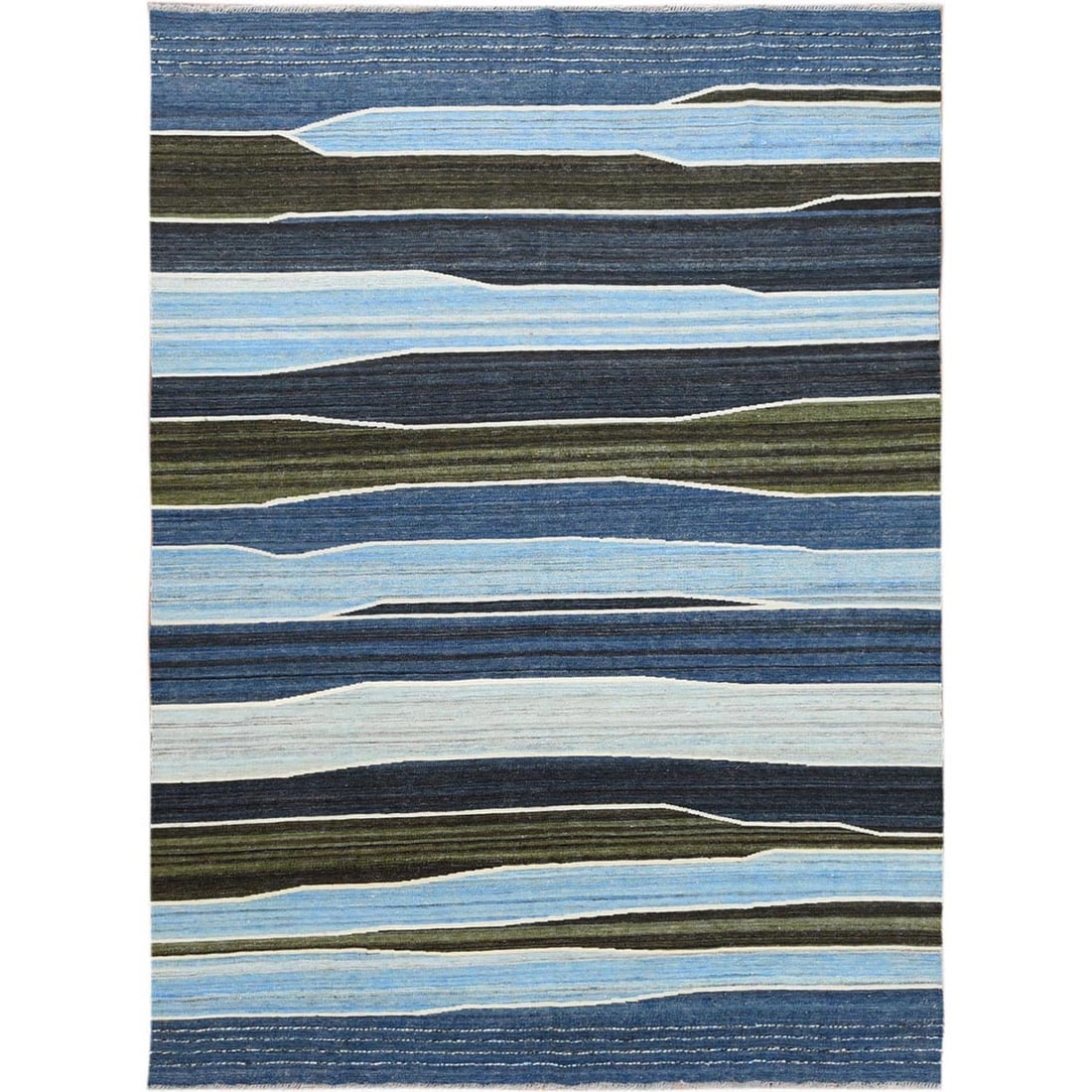 Mountain Blue Brown Hand Woven Flat Weave Kilim Rug: Mountain Blue Brown Hand Woven Flat Weave Kilim Rug Hand-woven in Afghanistan, this stunning Mountain Blue Brown Kilim Rug boasts an authentic Oriental Regional Design and features a rich blue field w