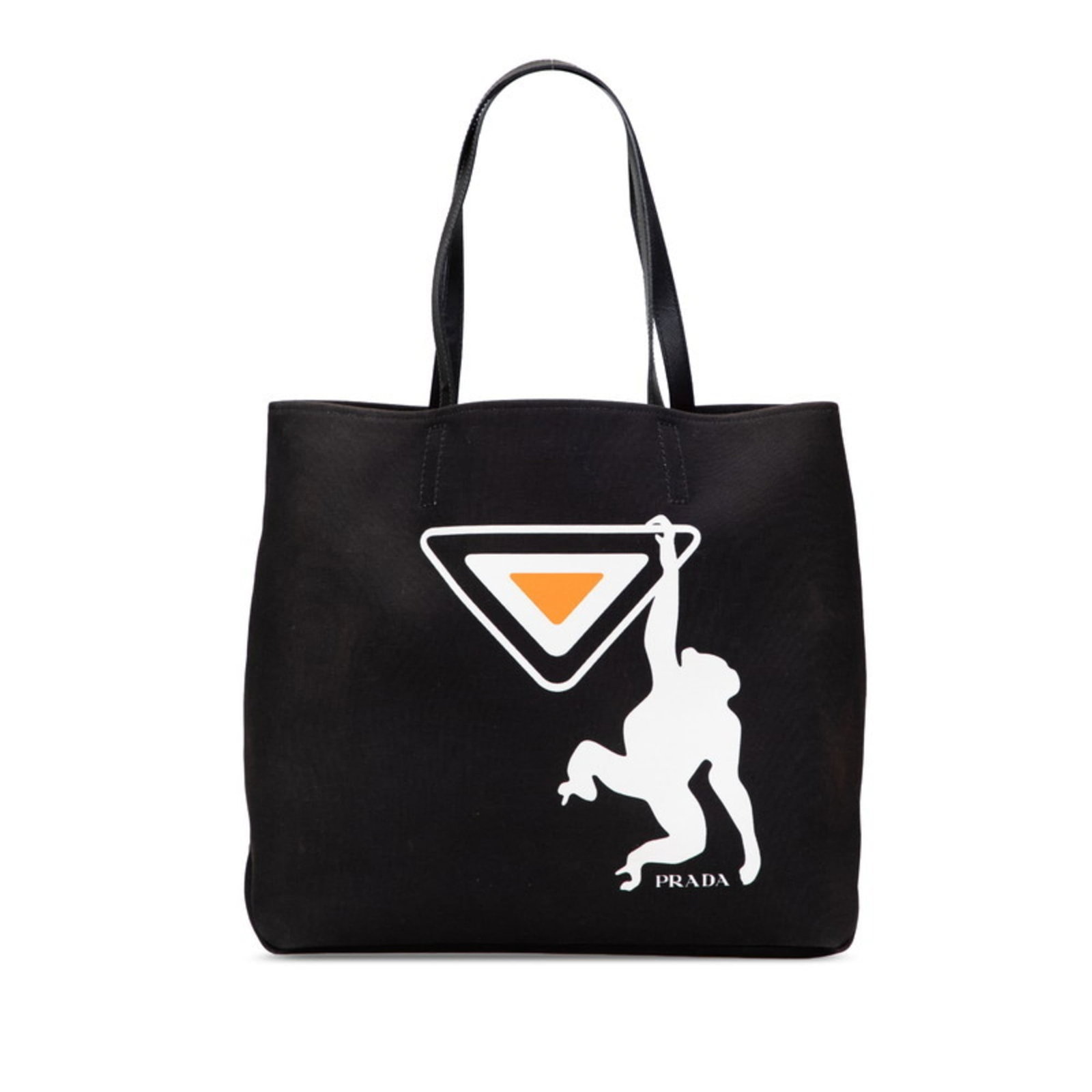 Prada Tote Bag Canvas Leather: Prada Tote Bag Canvas Leather Canvas and leather Prada tote bag in black, orange, or white, featuring an open closure. The bag measures 35cm x 40cm x 10cm and has a handle drop of 25.50cm, with traces