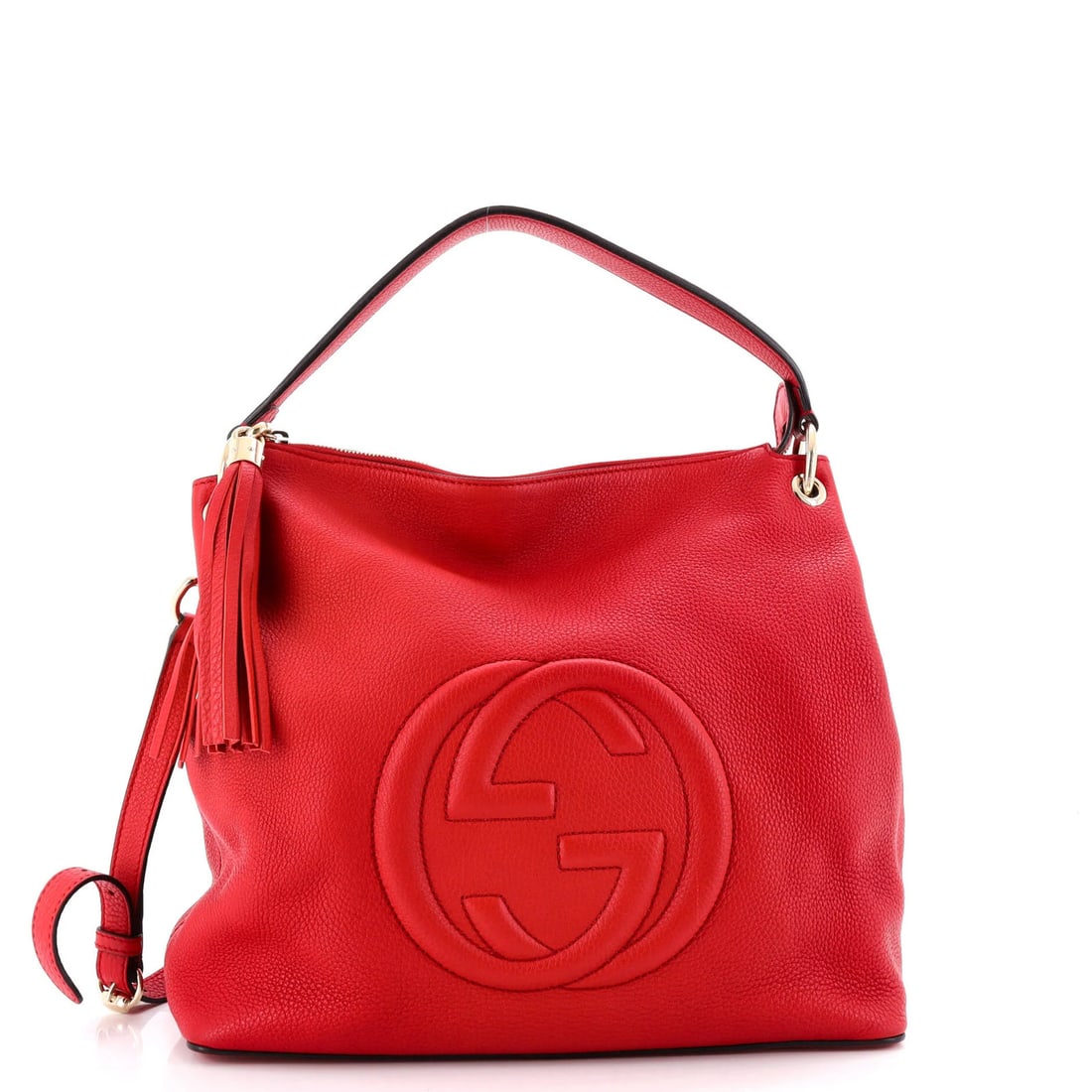 Large Hobo Leather Convertible Gucci: Large Hobo Leather Convertible Gucci The Soho Convertible Hobo Leather Large Gucci features a striking red exterior with minor scuffs, creases, and edge wear. This convertible hobo boasts gold