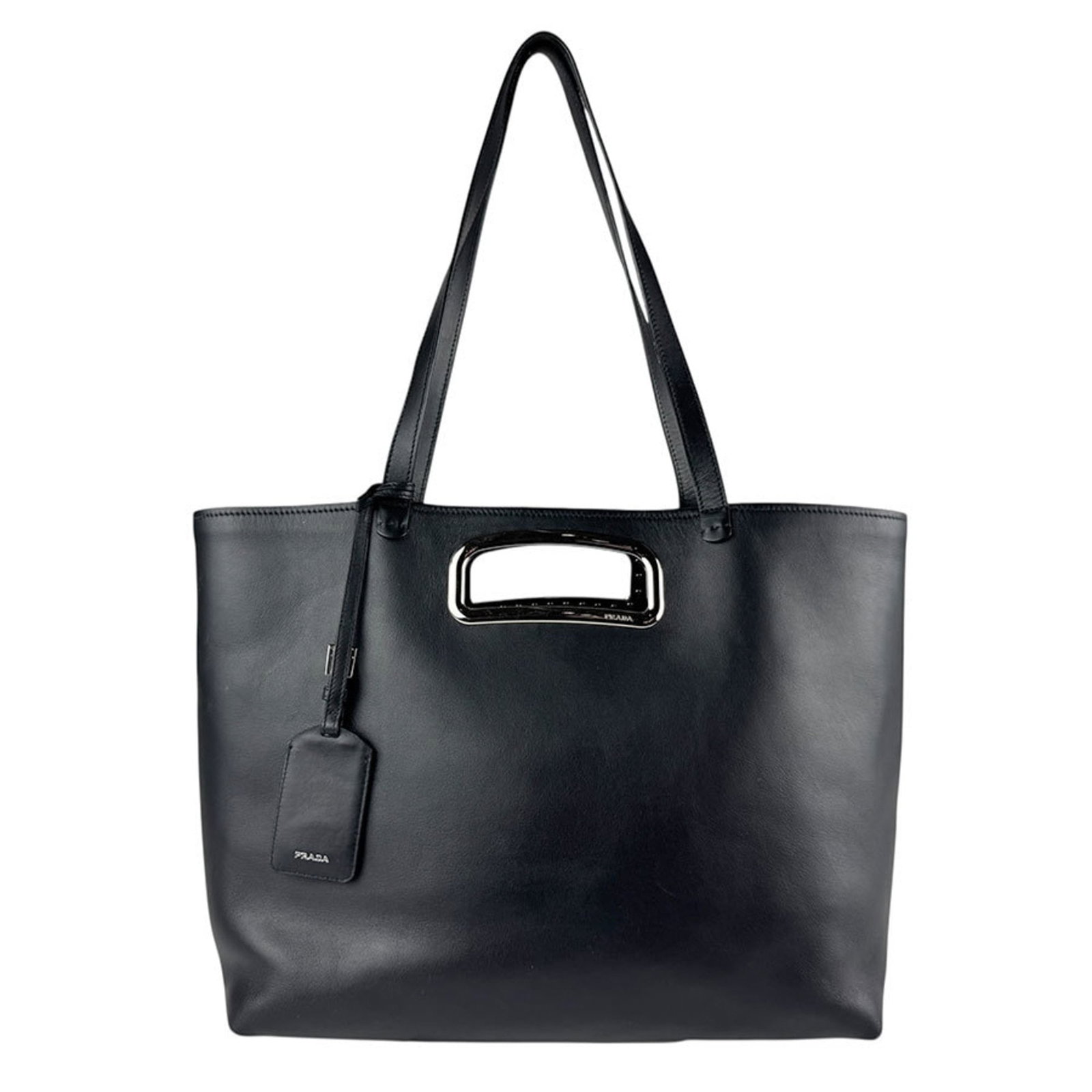 Prada Handbag Shoulder Bag Tote Bag Leather: Prada Handbag Shoulder Bag Tote Bag Leather Black leather Prada shoulder bag tote bag with a classic design and timeless style. The bag has traces of usage and minor scratches/dirt, showing signs of w
