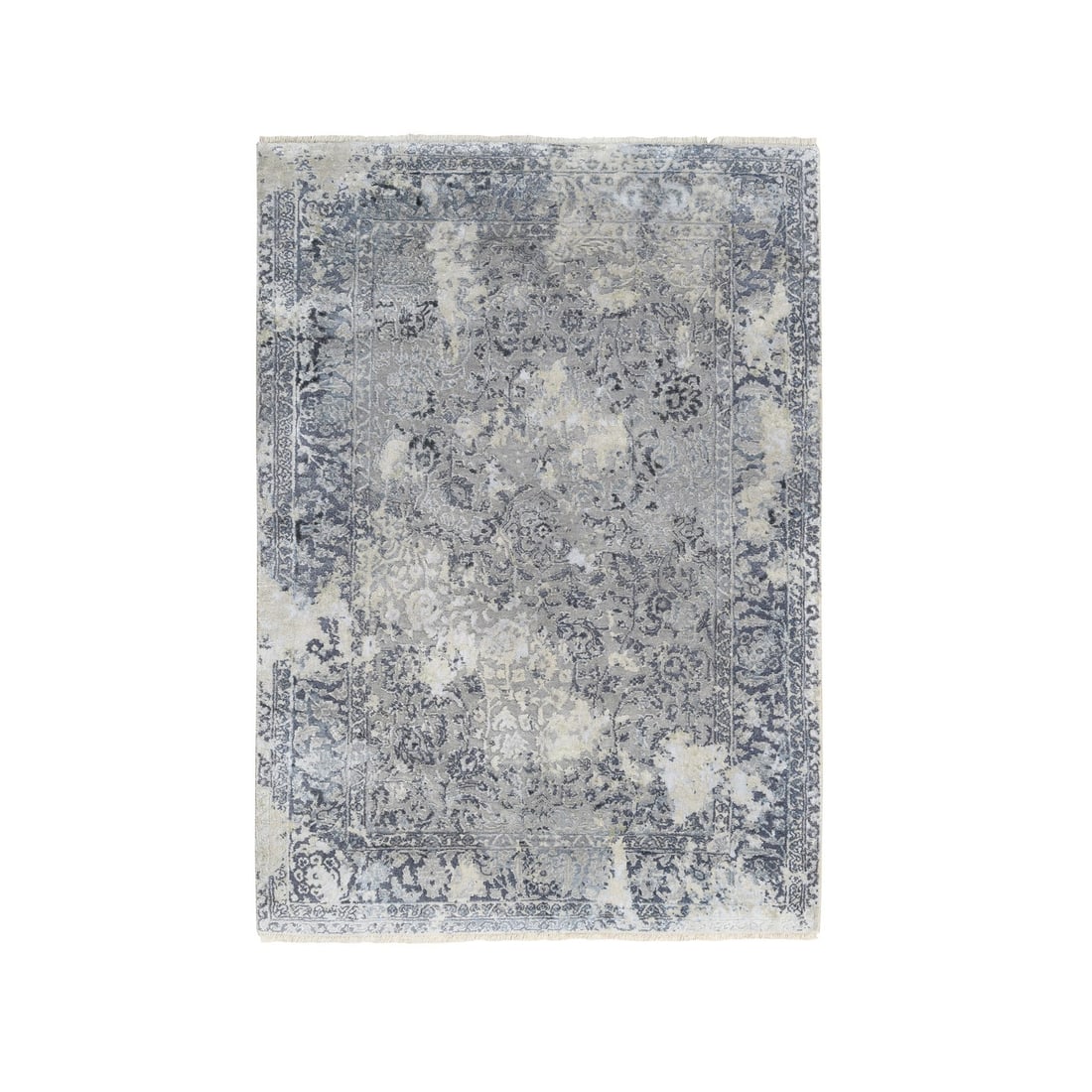 Broken rug hand knotted with gray silk wool design 310x6 inches: Broken rug hand knotted with gray silk wool design 310x6 inches This stunning hand-knotted rug boasts a striking broken design in rich gray silk wool. Measuring 310x6 inches, its unique rectangular
