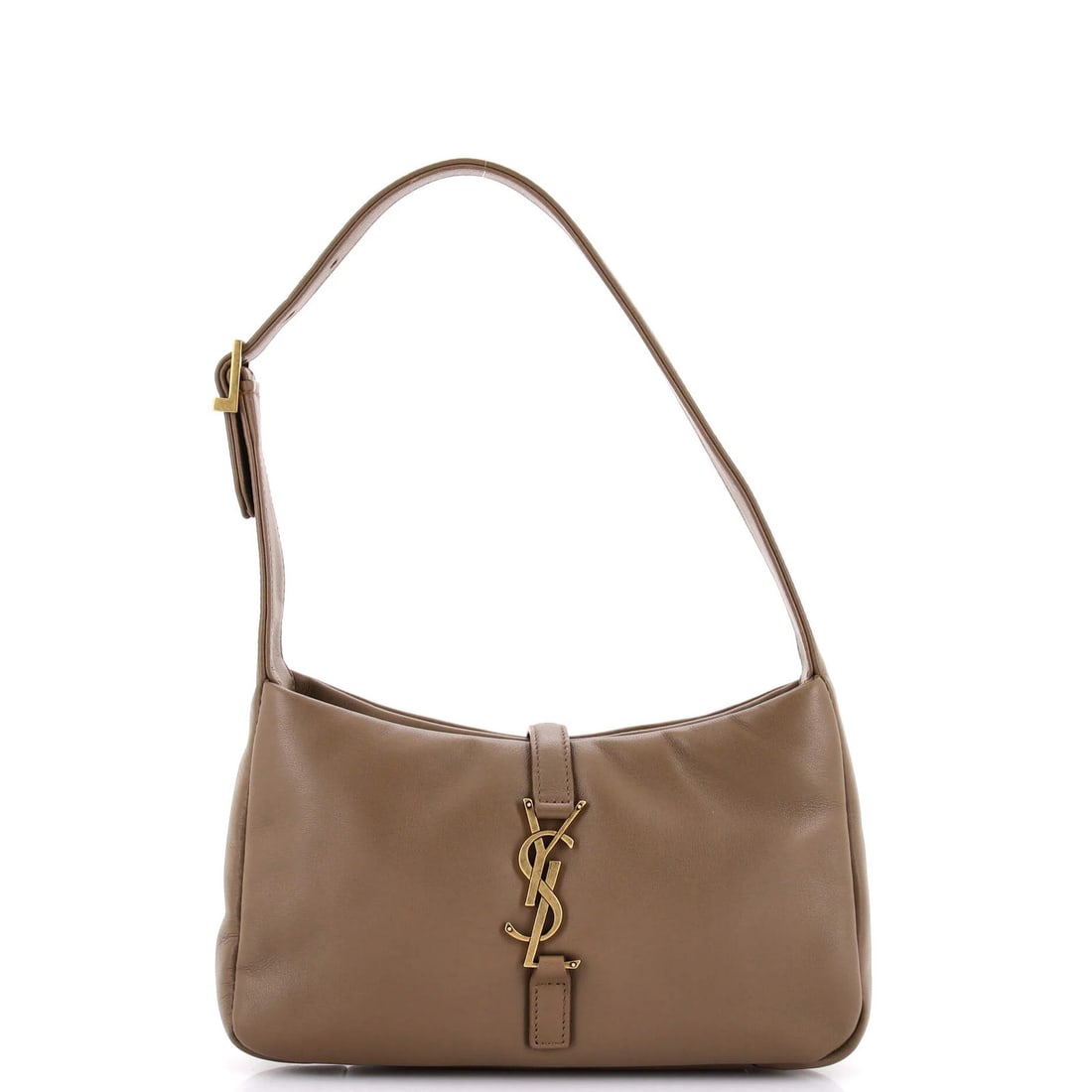 Saint Laurent Hobo Leather Small 5 a 7: Saint Laurent Hobo Leather Small 5 a 7 The Saint Laurent Le 5 a 7 Hobo Leather Small features a rich brown exterior with indentations on the front and signs of heavy corner wear. This classic design