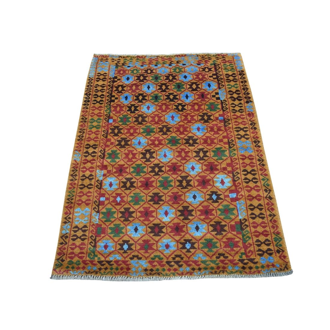 Tribal Design Hand Made Pure Wool Colorful Afghan Village Rug 35x410: Tribal Design Hand Made Pure Wool Colorful Afghan Village Rug 35x410 Handmade with love and care, this vibrant orange 100% wool Afghan Village Rug boasts an authentic Oriental design, expertly hand-kn