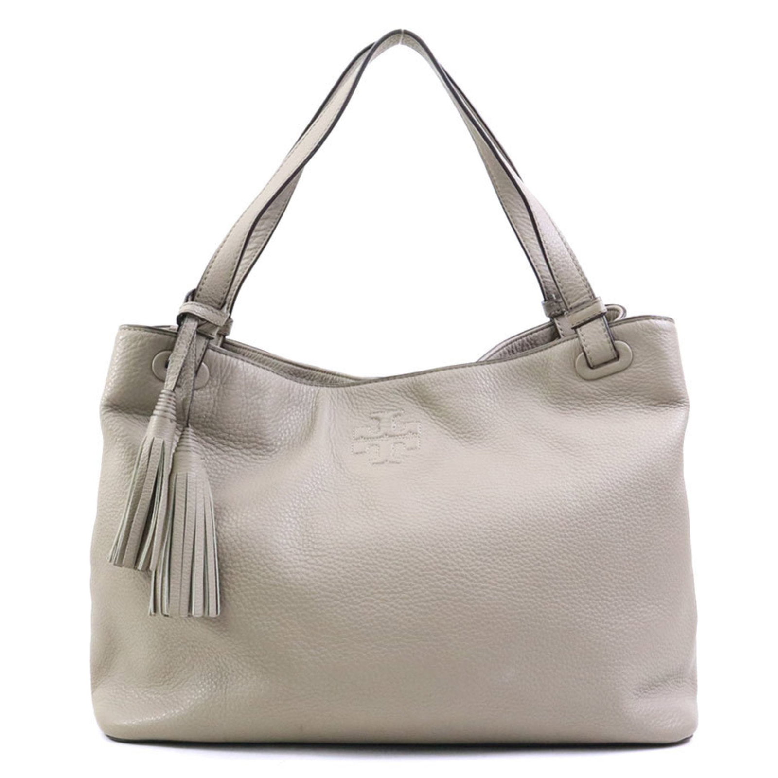 Tory Burch Handbag Leather: Tory Burch Handbag Leather Tory Burch Handbag Leather - A Timeless Grayish Gray Bag. This pre-owned leather handbag from Tory Burch features a classic design with a grayish color and measures 25cm x 3