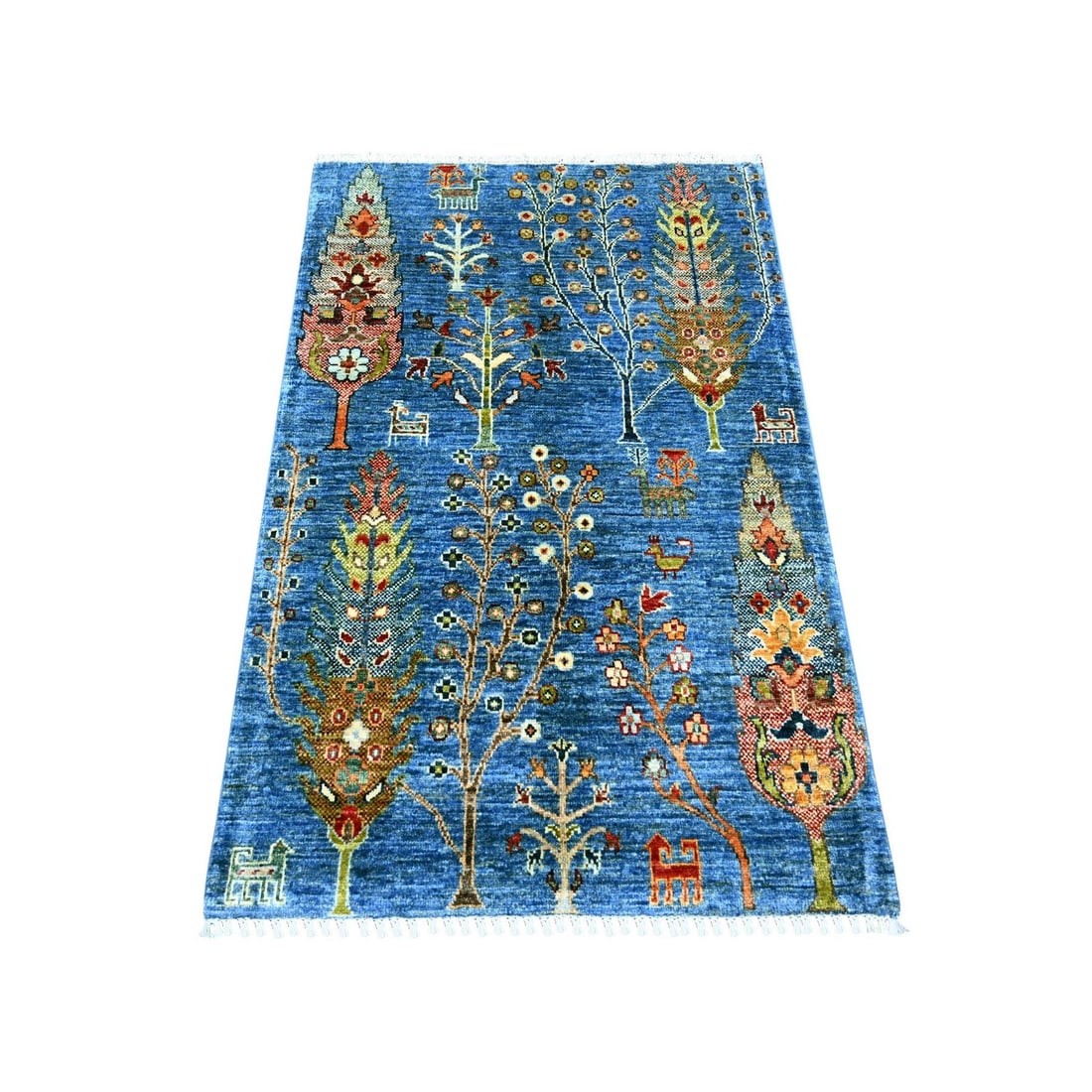 Blue Hand Knotted Wool Rug Cypress Tree Design: Blue Hand Knotted Wool Rug Cypress Tree Design Blue Hand Knotted Wool Rug Cypress Tree Design features an all-over regional design in vibrant blue hues, set against a rectangular field of wool. Made