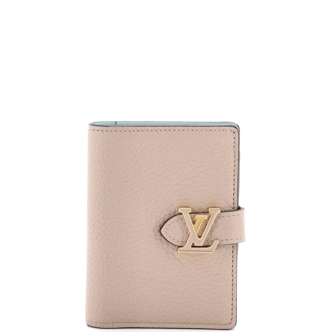 Vertical Wallet Louis Vuitton Leather Compact Taurillion: Vertical Wallet Louis Vuitton Leather Compact Taurillion The Louis Vuitton Leather Compact Taurillion Vertical Wallet boasts a neutral exterior and blue interior, featuring gold hardware for a touch