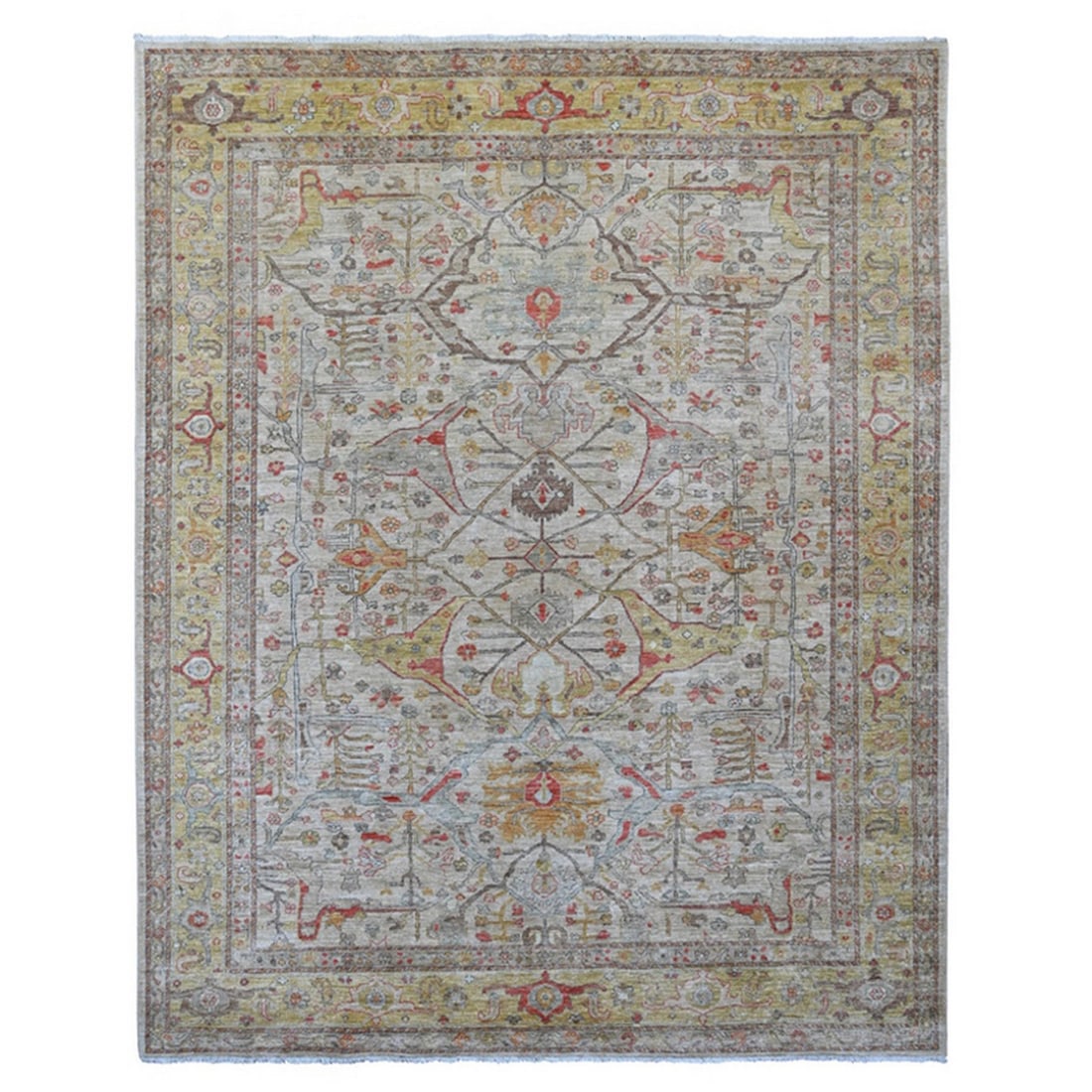 Oyster Gray Hand Knotted Wool Rug 8x10 Peshawar Bijar Garus Design: Oyster Gray Hand Knotted Wool Rug 8x10 Peshawar Bijar Garus Design The Oyster Gray Hand Knotted Wool Rug boasts an all-over Geometric design in rich grey tones, set against a subtle rectangular field.