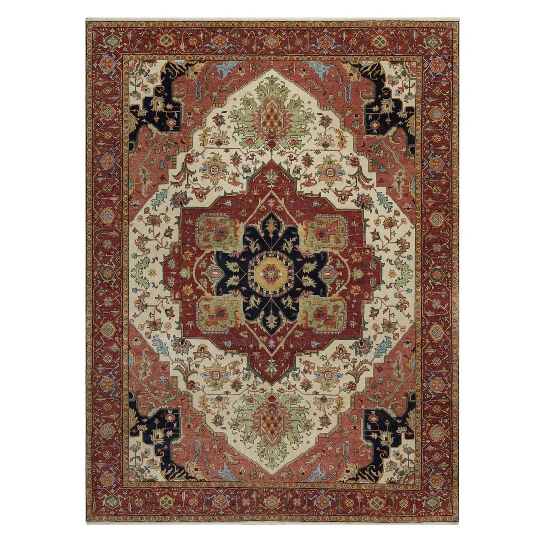 Rug Heris Ivory Fine Antiqued Wool 9 x 12: Rug Heris Ivory Fine Antiqued Wool 9 x 12 Hand-knotted in fine wool, this exquisite Heris-style rug boasts an intricate medallion pattern in rich ivory hues. With its sturdy cotton foundation and beau