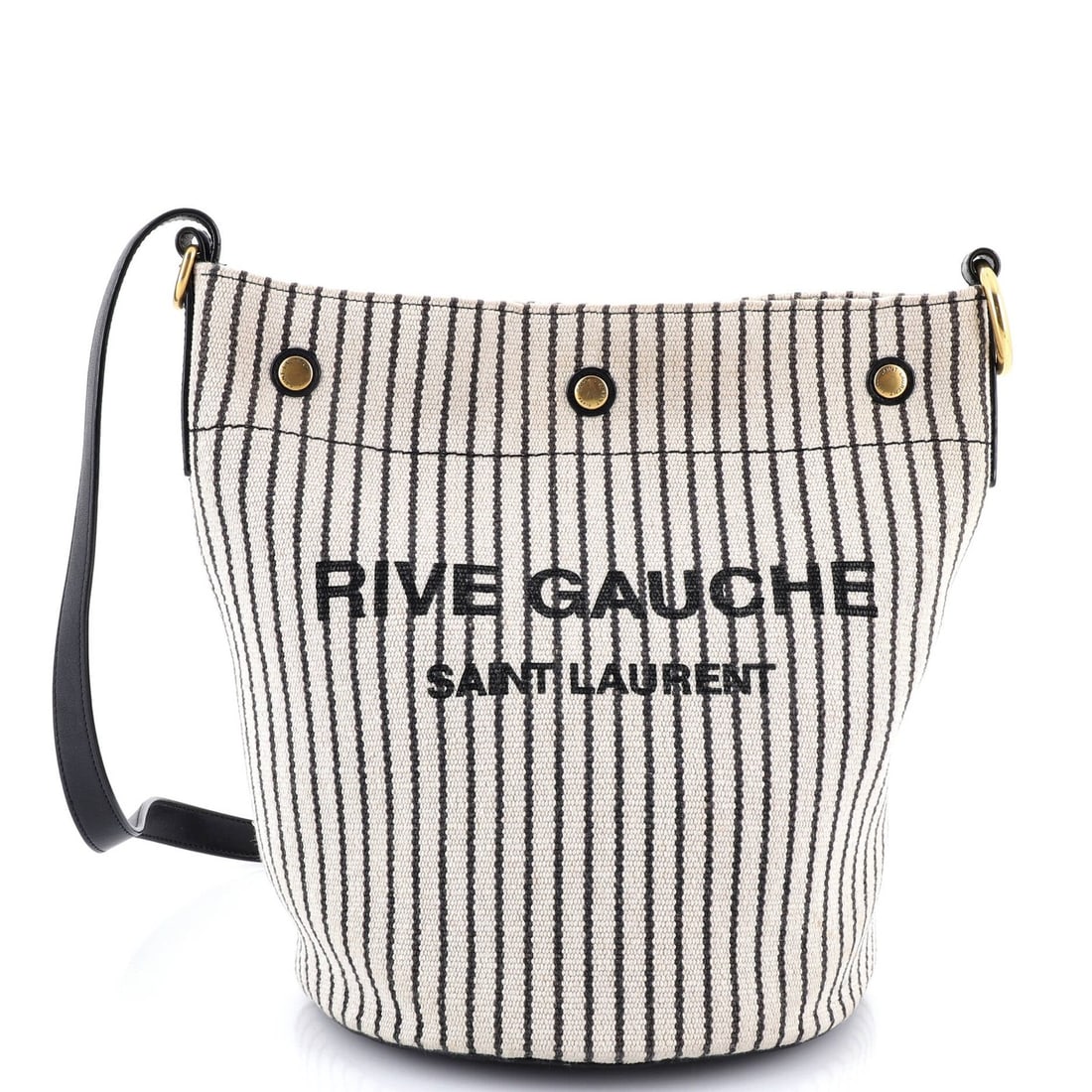 Gauche Rive Saint Laurent Buckle Bag Striped Canvas: Gauche Rive Saint Laurent Buckle Bag Striped Canvas The Saint Laurent Rive Gauche Bucket Bag Striped Canvas offers a stylish and versatile canvas tote with a neutral exterior and black interior. Its