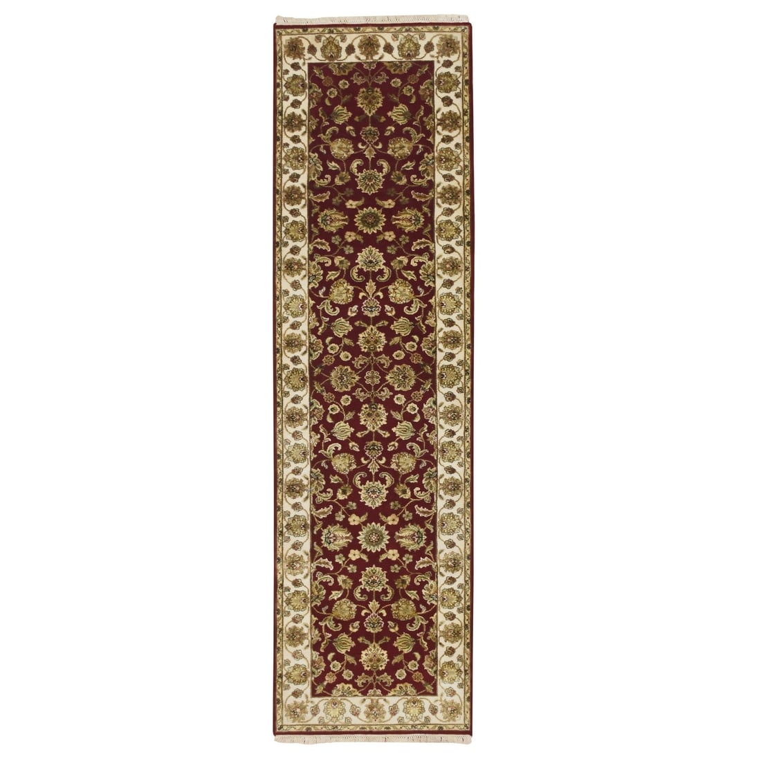 Rajasthan Red Wool Silk Hand Knotted Leaf Design 2'6" x 9'5: Rajasthan Red Wool Silk Hand Knotted Leaf Design 2'6" x 9'5 Hand-knotted in rich red silk and wool, this stunning Rajasthan-style runner boasts an intricate leaf design that adds warmth and elegance t