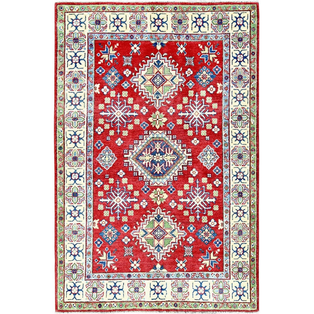Crimson Red Kazak Tribal Motif Hand Knot Pure Wool Rug: Crimson Red Kazak Tribal Motif Hand Knot Pure Wool Rug The Crimson Red Kazak Tribal Motif Hand Knot Pure Wool Rug boasts a striking rectangular field with a bold geometric pattern in shades of red, gr
