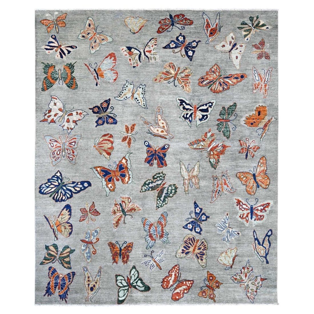 Peshawar butterfly design rug light gray soft wool hand knotted 8'x9'7: Peshawar butterfly design rug light gray soft wool hand knotted 8'x9'7 Soft and elegant, this hand-knotted Peshawar-style rug boasts a stunning light gray field with intricate animal print design. Mad