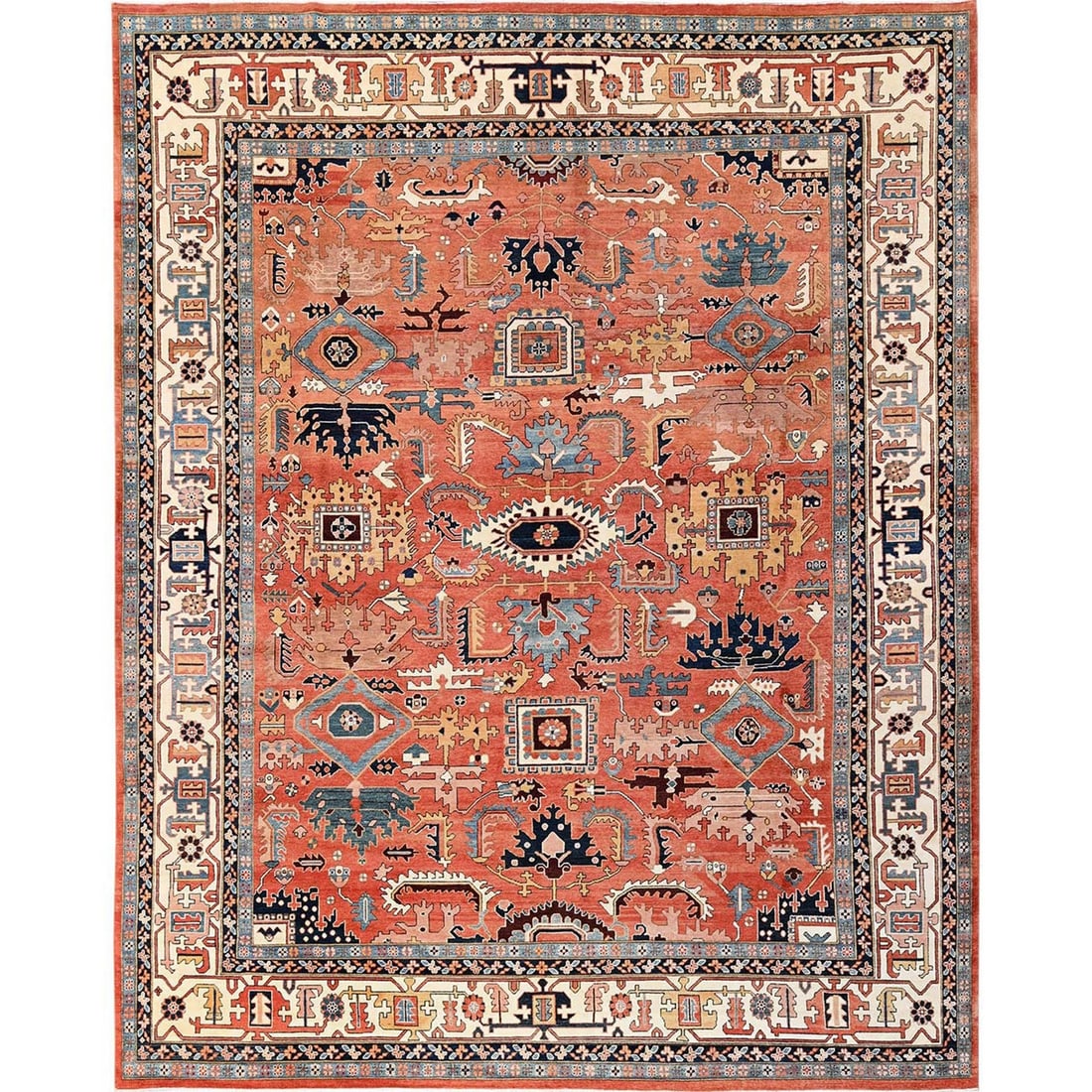 Rug Coral Heris Peshawar 12x15'9" Over All Design Hand Knotted Wool XL: Rug Coral Heris Peshawar 12x15'9" Over All Design Hand Knotted Wool XL The Coral Heris Peshawar rug boasts an all-over design in vibrant orange hues, showcasing traditional Oriental patterns.