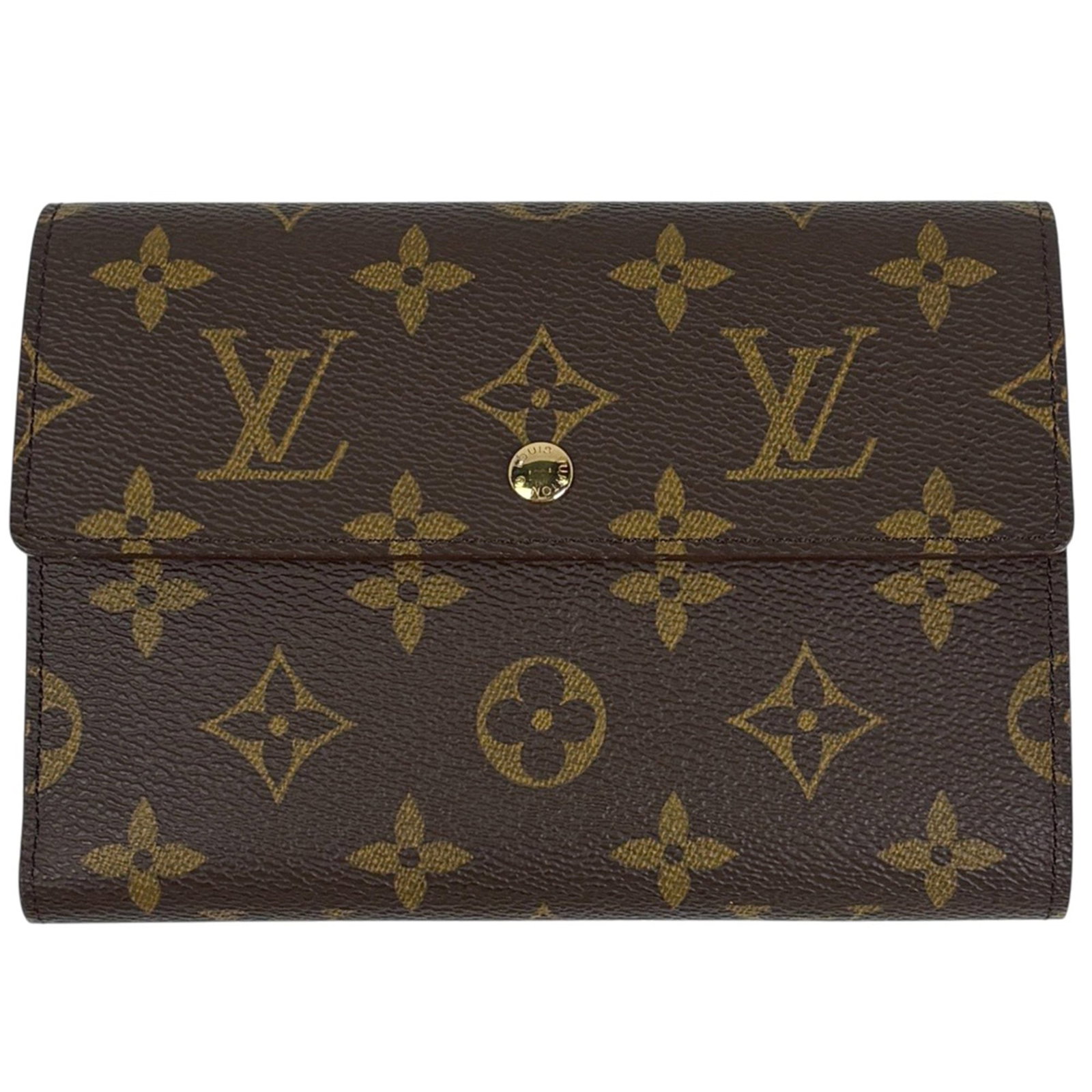 Louis Vuitton Wallet (Tri-Fold) Monogram: Louis Vuitton Wallet (Tri-Fold) Monogram The Louis Vuitton Tri-Fold Wallet features the iconic Monogram pattern in rich brown. With its classic design and timeless style, this wallet has been used