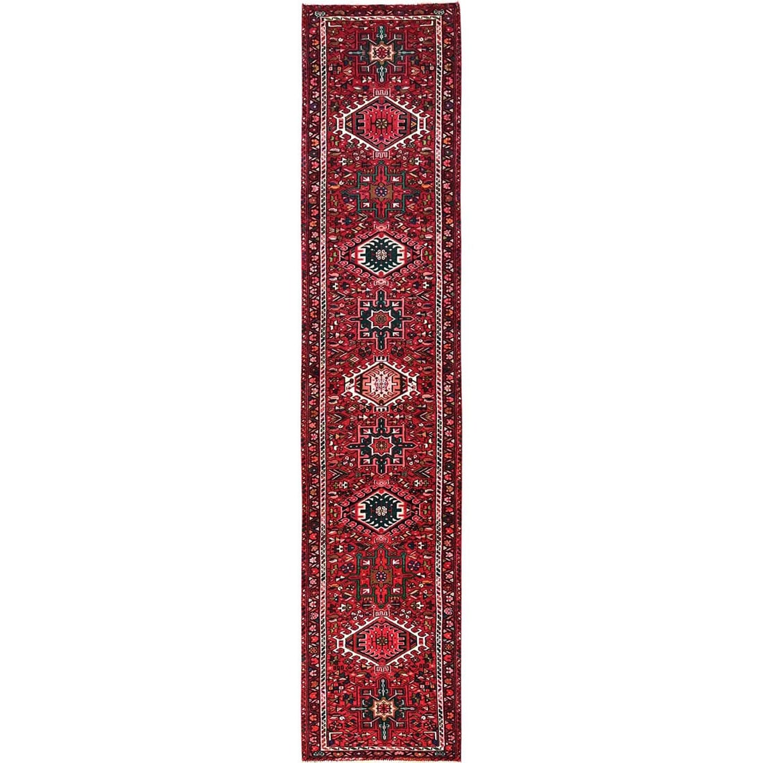 Red Vintage Zoroastrian Karjihooz Hand Knotted Wool Runner 24x12 Rug: Red Vintage Zoroastrian Karjihooz Hand Knotted Wool Runner 24x12 Rug Hand-knotted in wool, this stunning Red Vintage Zoroastrian Karjihooz rug boasts a striking medallion pattern against a rich red