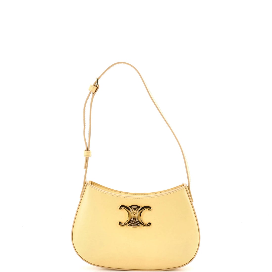 Calfskin Tilly Bag Triumph Celine Smooth: Calfskin Tilly Bag Triumph Celine Smooth The Celine Triomphe Tilly Bag Smooth Calfskin Medium in yellow features high-quality leather exterior with minor scuffs and edge wear. The interior boasts