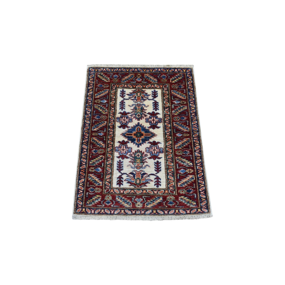 Hand knotted super kazak soft afghan wool ivory mat rug: Hand knotted super kazak soft afghan wool ivory mat rug Soft and serene, this hand-knotted Afghan wool ivory mat rug boasts a classic Oriental design with subtle regional flair. Made from