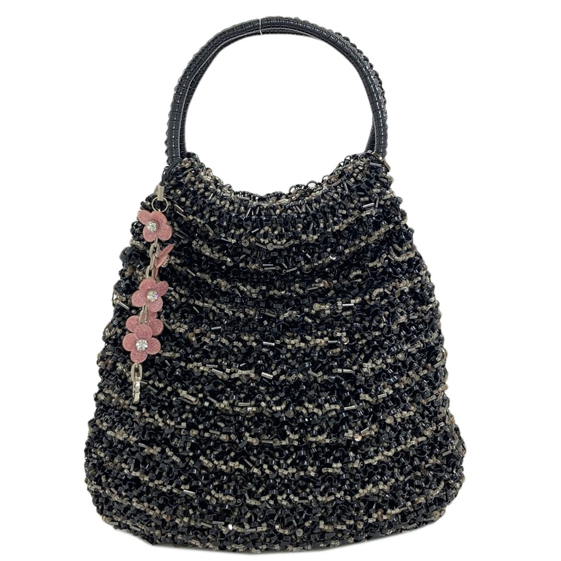 Wire bag beads charm flower pvc handbag anteprima: Wire bag beads charm flower pvc handbag anteprima Black PVC handbag with wire bag beads charm flower design. This unique exterior features a distinctive floral pattern created using wire bag beads.