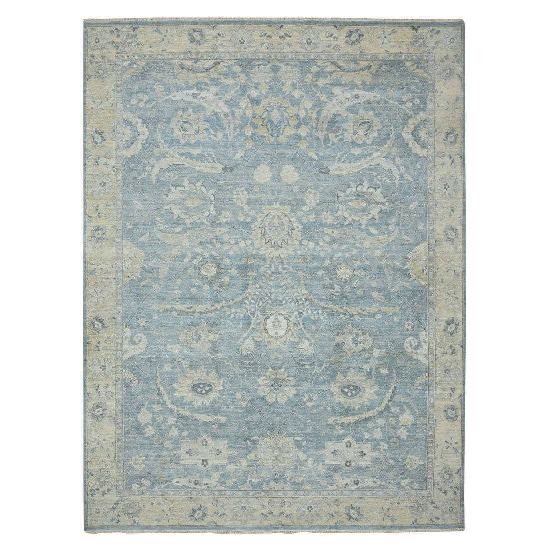 Blue Pure Wool Sickle Leaf Hand Knotted Orient Ruddy Rug Nine Twelve: Blue Pure Wool Sickle Leaf Hand Knotted Orient Ruddy Rug Nine Twelve The Blue Pure Wool Sickle Leaf Hand Knotted Orient Ruddy Rug Nine Twelve boasts a stunning all-over regional design in a rich blue