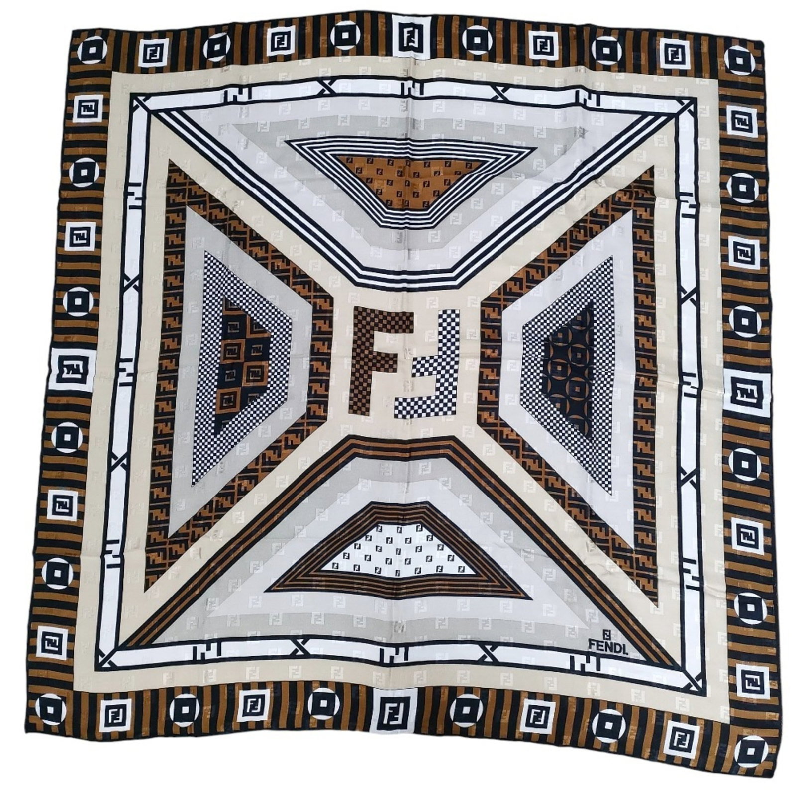 Fendi Bandana Silk: Fendi Bandana Silk Fendi Bandana Silk - A luxurious silk bandana in beige, black, and brown hues, measuring 85cm x 85cm. This high-quality silk fabric features a few traces of usage, with some scratch
