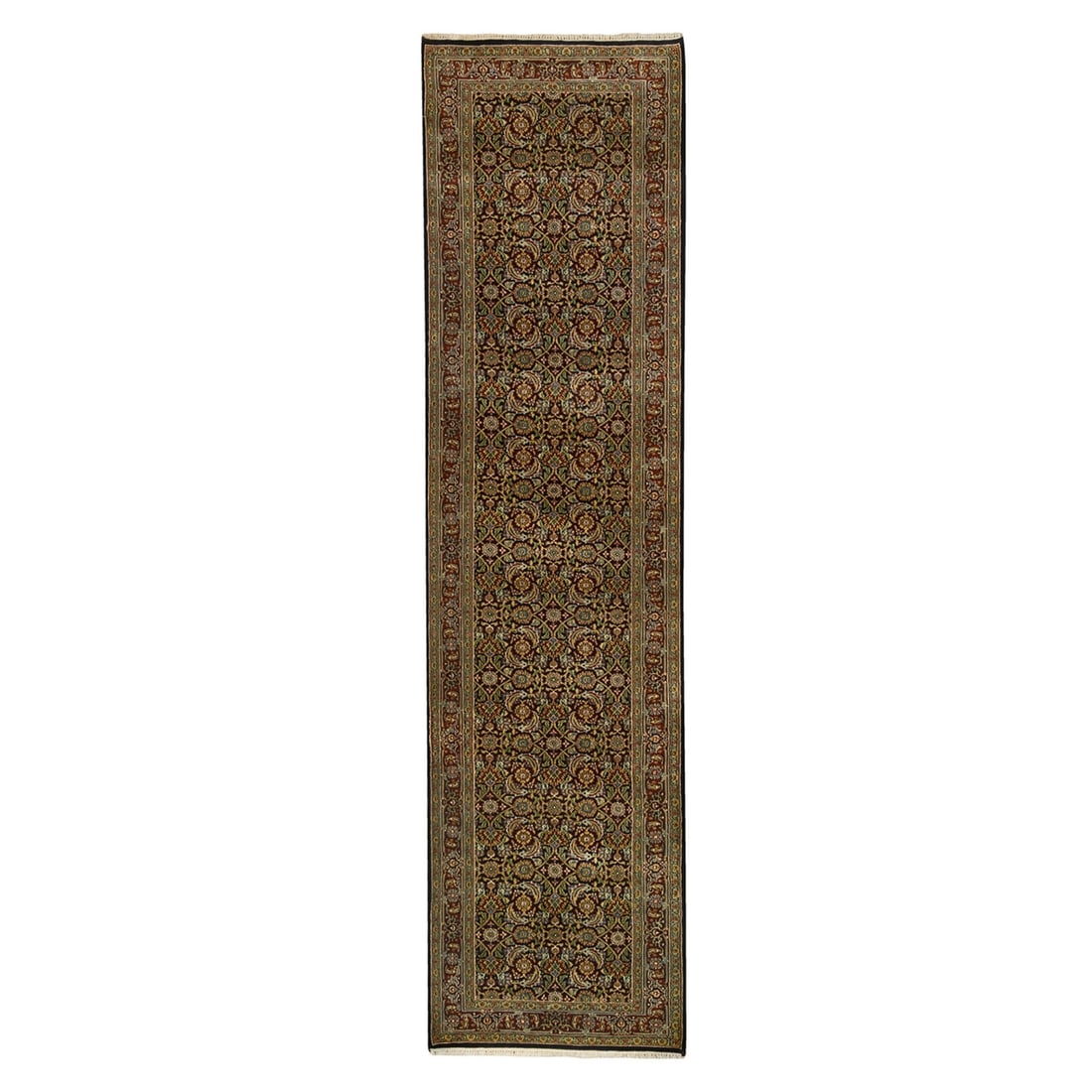 Strict Rules Apply to 26x10 Herati Fish Design Black Hand Knotted 250 KPSI Wool Runner Rug: Strict Rules Apply to 26x10 Herati Fish Design Black Hand Knotted 250 KPSI Wool Runner Rug This stunning black hand-knotted wool runner rug features an intricate Herati fish design, showcasing