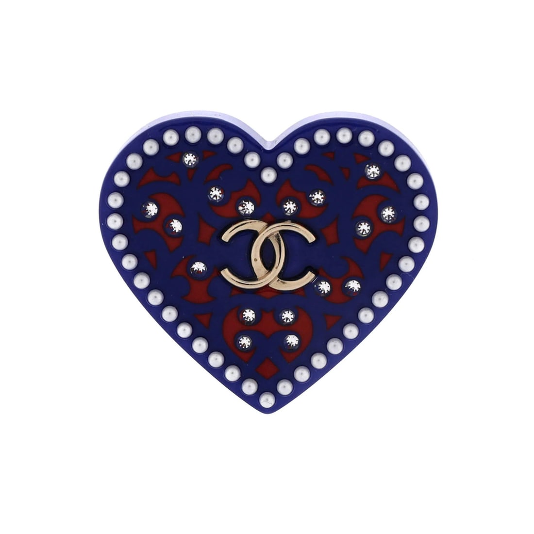 Chanel CC Heart Brooch With Faux Pearls and Rhinestones: Chanel CC Heart Brooch With Faux Pearls and Rhinestones The Chanel CC Heart Brooch boasts a striking blue exterior with gold and red accents, featuring resin with faux pearls and rhinestones. Measurin