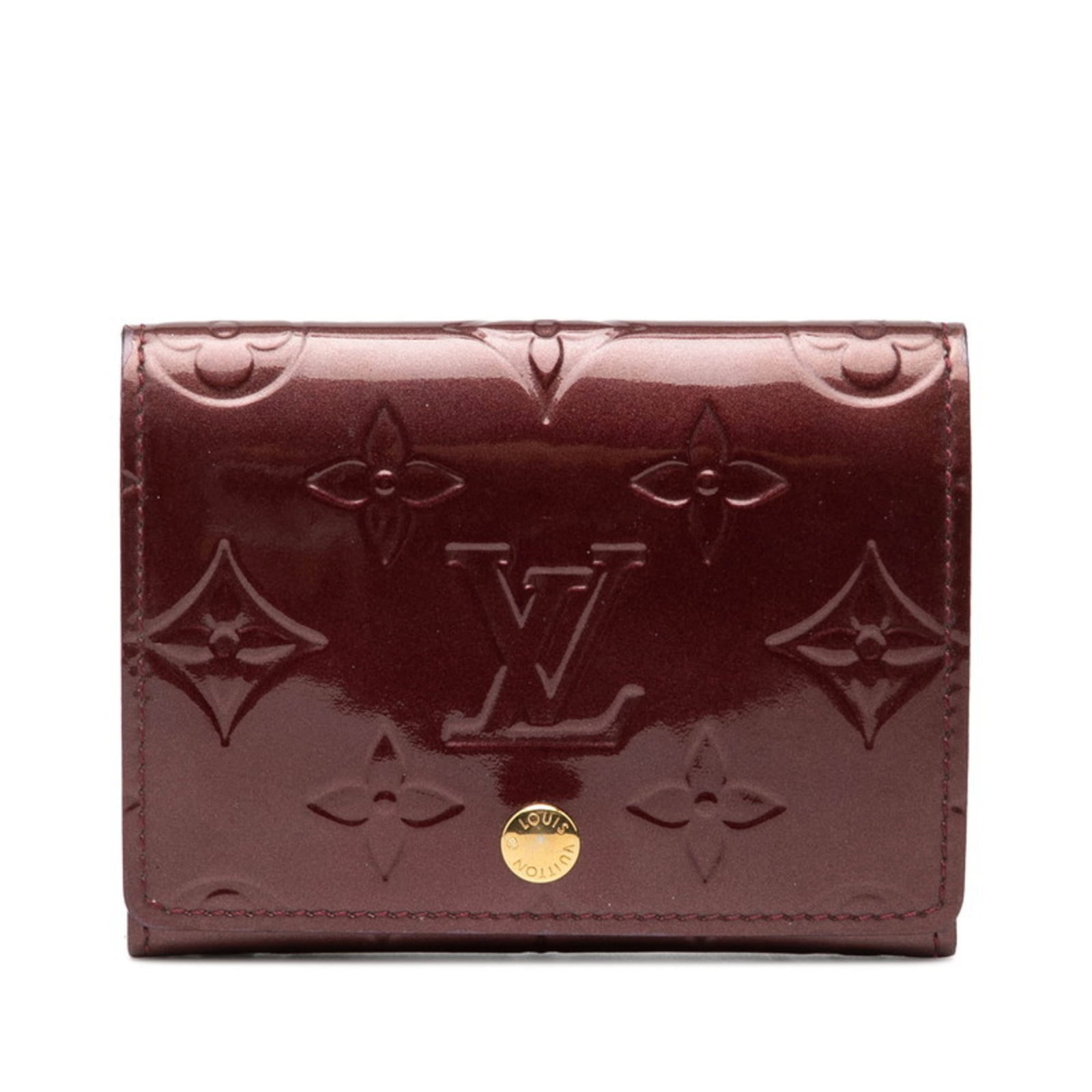 Louis Vuitton Card Case Patent Leather: Louis Vuitton Card Case Patent Leather Patent leather finishes Louis Vuitton's iconic design. This purple card case features subtle scratches and signs of usage, adding to its authentic character. A