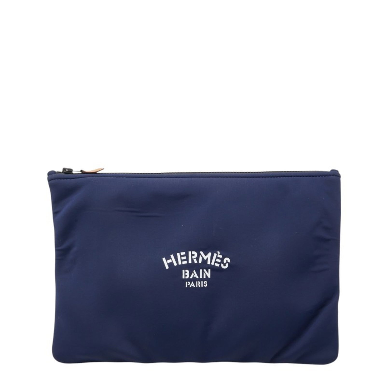 Hermes Pouch Elastane Polyamide: Hermes Pouch Elastane Polyamide Navy Hermes Pouch made from Elastane and Polyamide material with a size of 23cm x 33cm x 1cm. This used pouch has traces of usage, scratches, and dirt, but remains in