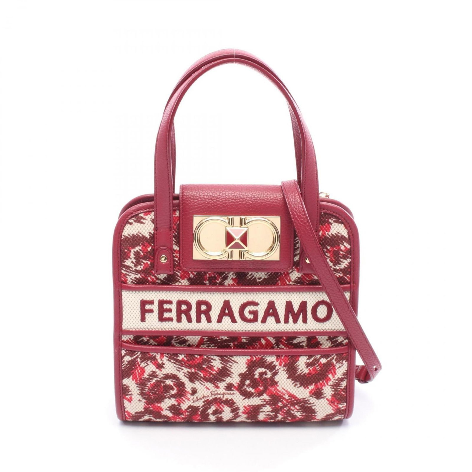 Salvatore Ferragamo Handbag Canvas Leather: Salvatore Ferragamo Handbag Canvas Leather Canvas and leather come together in this Salvatore Ferragamo handbag, featuring a Bordeaux multi-color design. The bag measures 19cm x 19.5cm x 8.5cm and