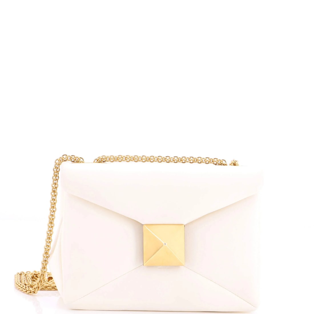 Small leather flap chain bag by Valentino Garavani One Stud: Small leather flap chain bag by Valentino Garavani One Stud Small leather flap chain bag with a neutral exterior and interior, featuring an aged gold hardware detail. This Valentino Garavani One Stud