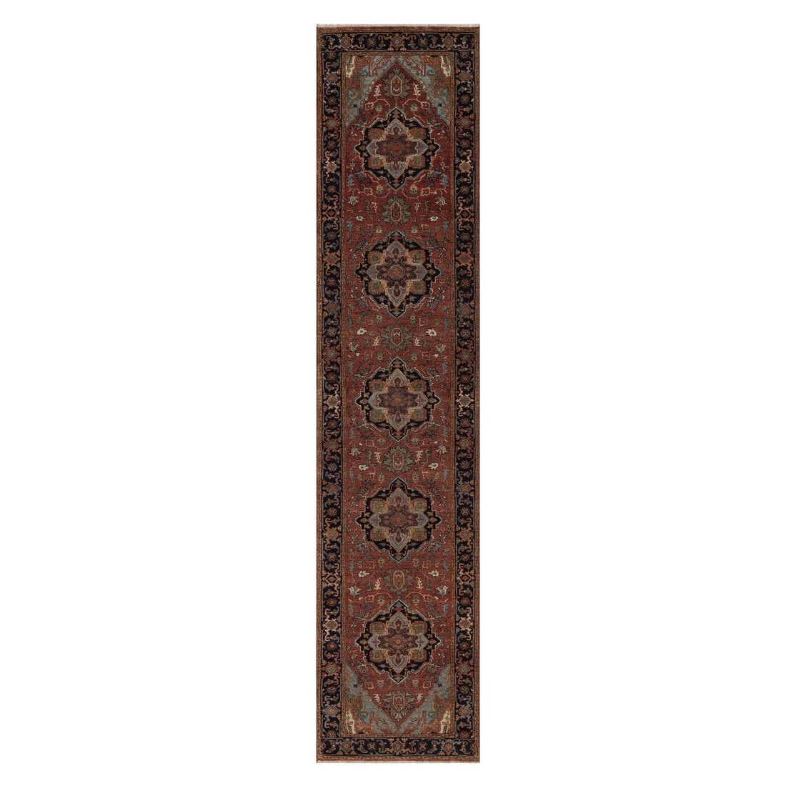 Brick Red Wool Hand Knotted 2'7" 12'1" Fine Heriz Re Creation Rug: Brick Red Wool Hand Knotted 2'7" 12'1" Fine Heriz Re Creation Rug Hand-knotted with precision and care, this Brick Red Wool Fine Heriz rug boasts a stunning medallion pattern in rich reds and earthy