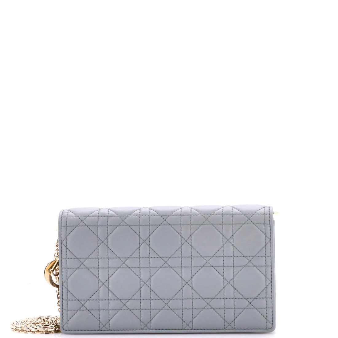 Lady Dior Chain Pouch Quilt Lambskin Cannage Christian: Lady Dior Chain Pouch Quilt Lambskin Cannage Christian The Lady Dior Chain Pouch Quilt Lambskin Cannage features a sleek gray exterior with gold tone hardware, adorned with card holder and charms. Thi