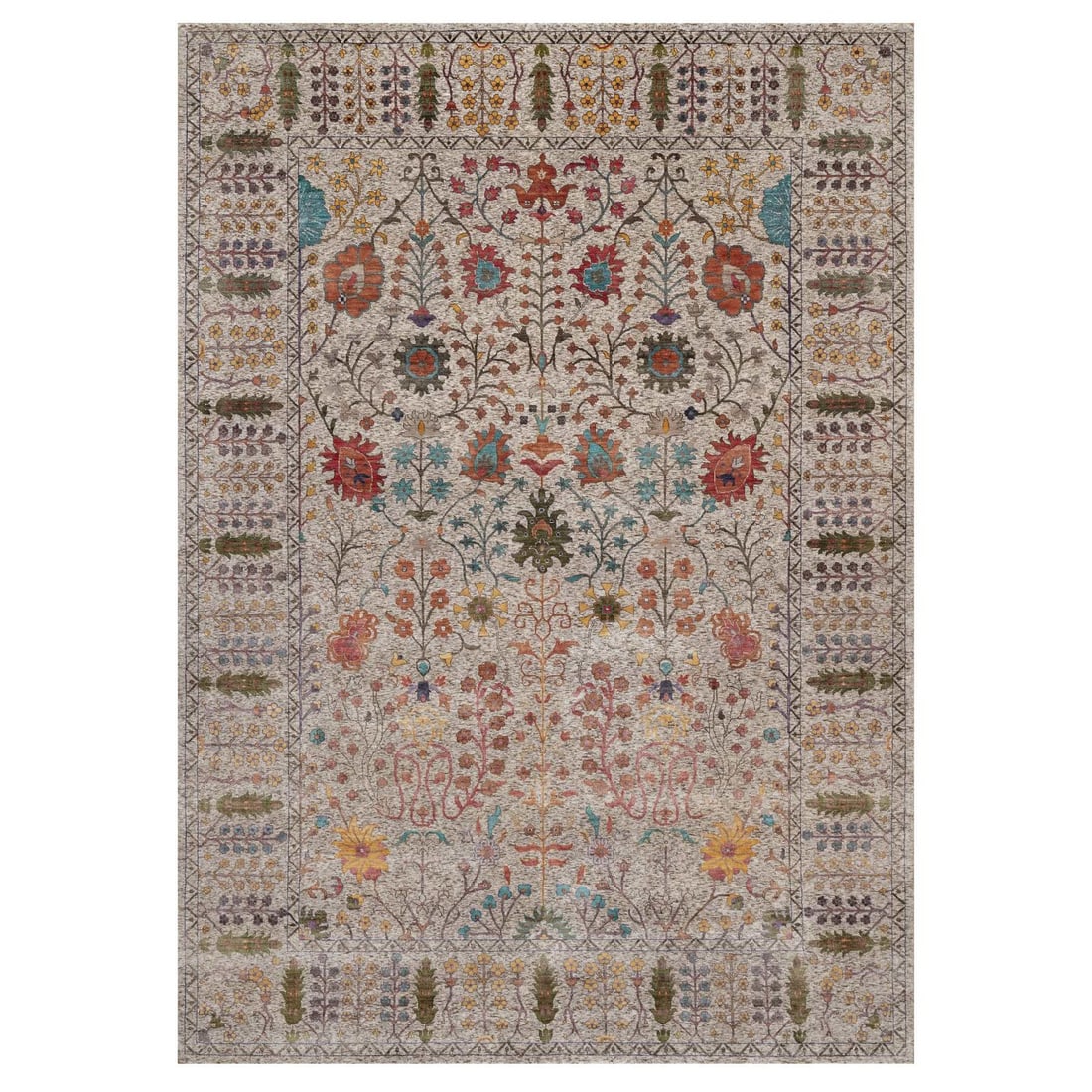 Silk Ivory Vase Rug Design Knotted Directional 10'x14: Silk Ivory Vase Rug Design Knotted Directional 10'x14 Silk Ivory Vase Rug Design Knotted Directional 10'x14 showcases an exquisite floral pattern in ivory and subtle accents of red, orange, blue, brow
