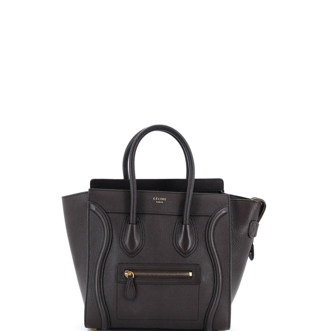 Luggage Bag Grainy Leather Micro Celine: Luggage Bag Grainy Leather Micro Celine This Celine Luggage Bag Grainy Leather Micro features a rich brown exterior with minor creases and corner wear, giving it a worn-in look. The bag's interior boa