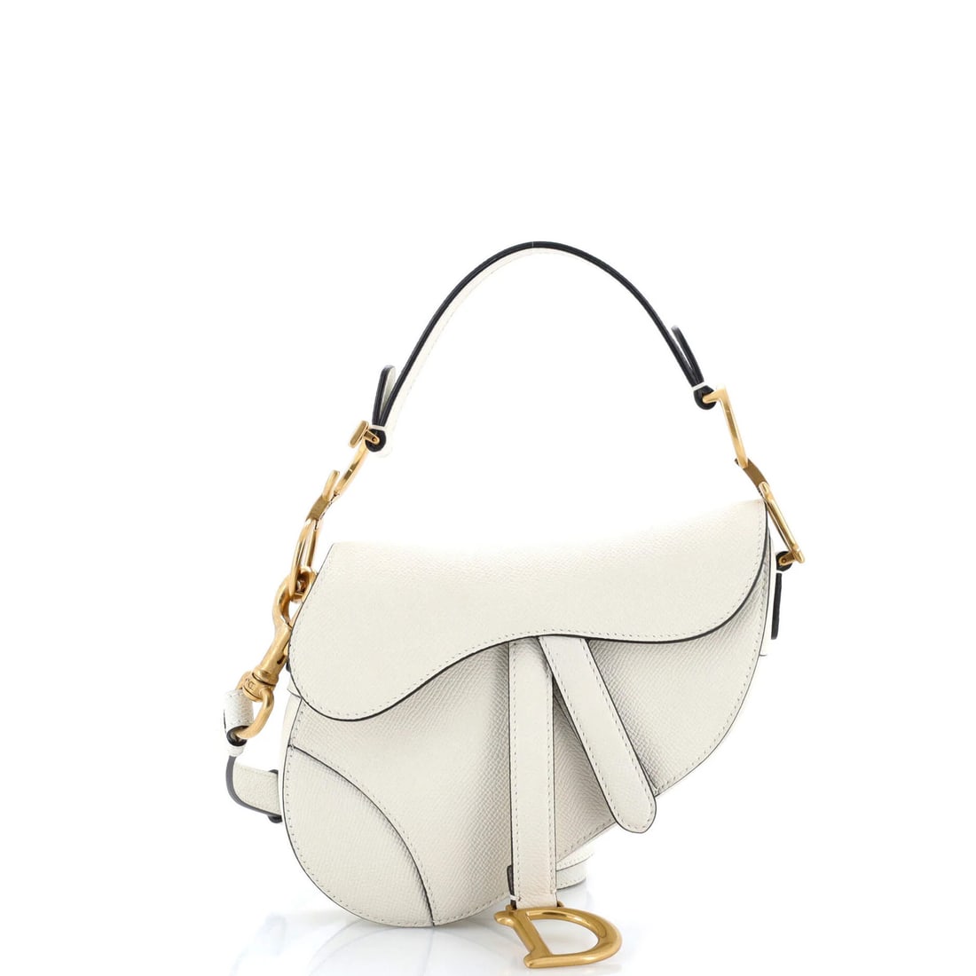 Saddle Handbag Strap with Leather Mini: Saddle Handbag Strap with Leather Mini This Saddle Handbag Strap with Leather Mini features a sleek white exterior and aged gold hardware. The strap measures 6.5 inches in height and 7 inches in