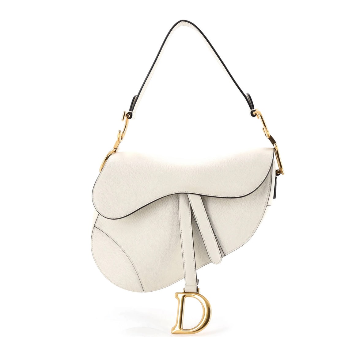Christian Dior saddle medium leather handbag: Christian Dior saddle medium leather handbag The Saddle medium leather handbag from Christian Dior boasts a crisp white exterior with subtle minor creases and scuffs. With its gold hardware and