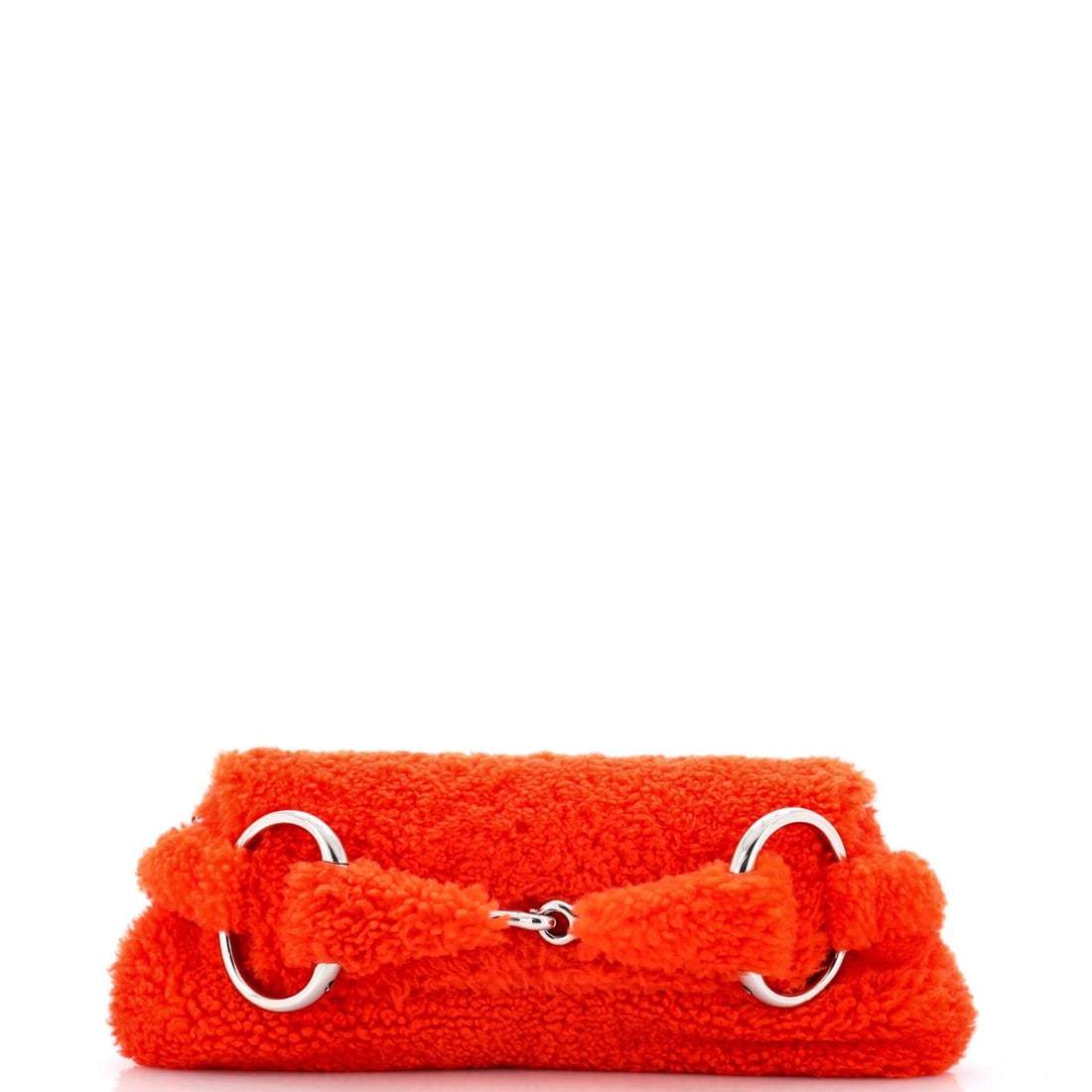 Gucci Horsebit Chain Shearling Bag Medium: Gucci Horsebit Chain Shearling Bag Medium The Gucci Horsebit Chain Shearling Bag Medium boasts a vibrant orange exterior and luxurious shearling material. With its classic horsebit chain strap and